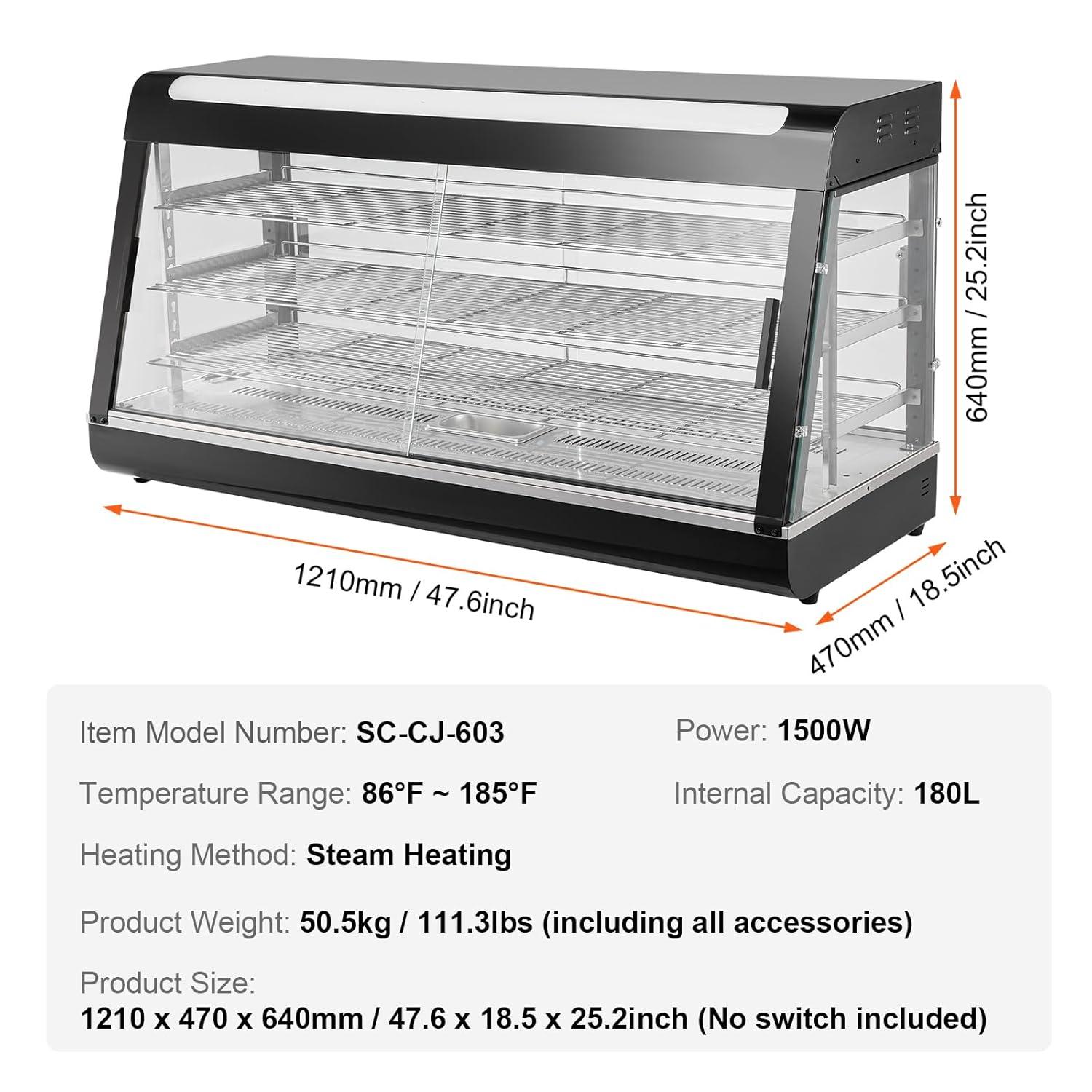 VEVOR 3-Tier Commercial Food Warmer Display, 1500W Food Display Warmer with Light, Adjustable Shelf and Temperature Display, Steam Heating, 180L