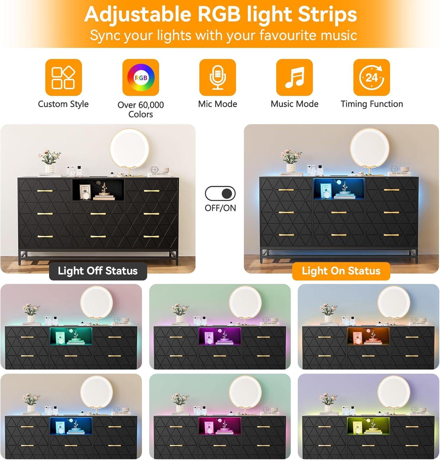 8 Deep Drawer Black Dresser for Bedroom with Charging Station and LED Lights, 59" TV Dresser Wooden Large Long Dresser, Modern Chest of Drawers Storage Organizer for Closet, Living Room