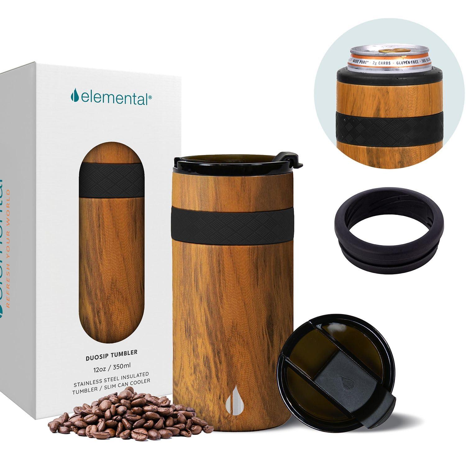 Elemental Duo-Sip 2 in 1 Travel Coffee Tumbler with 100% Leak Proof Lid & Slim Can Cooler Insulator for 12oz Slim Cans, Triple Walled Stainless Steel for Hard Seltzer & Hot/Cold Drinks - Teakwood