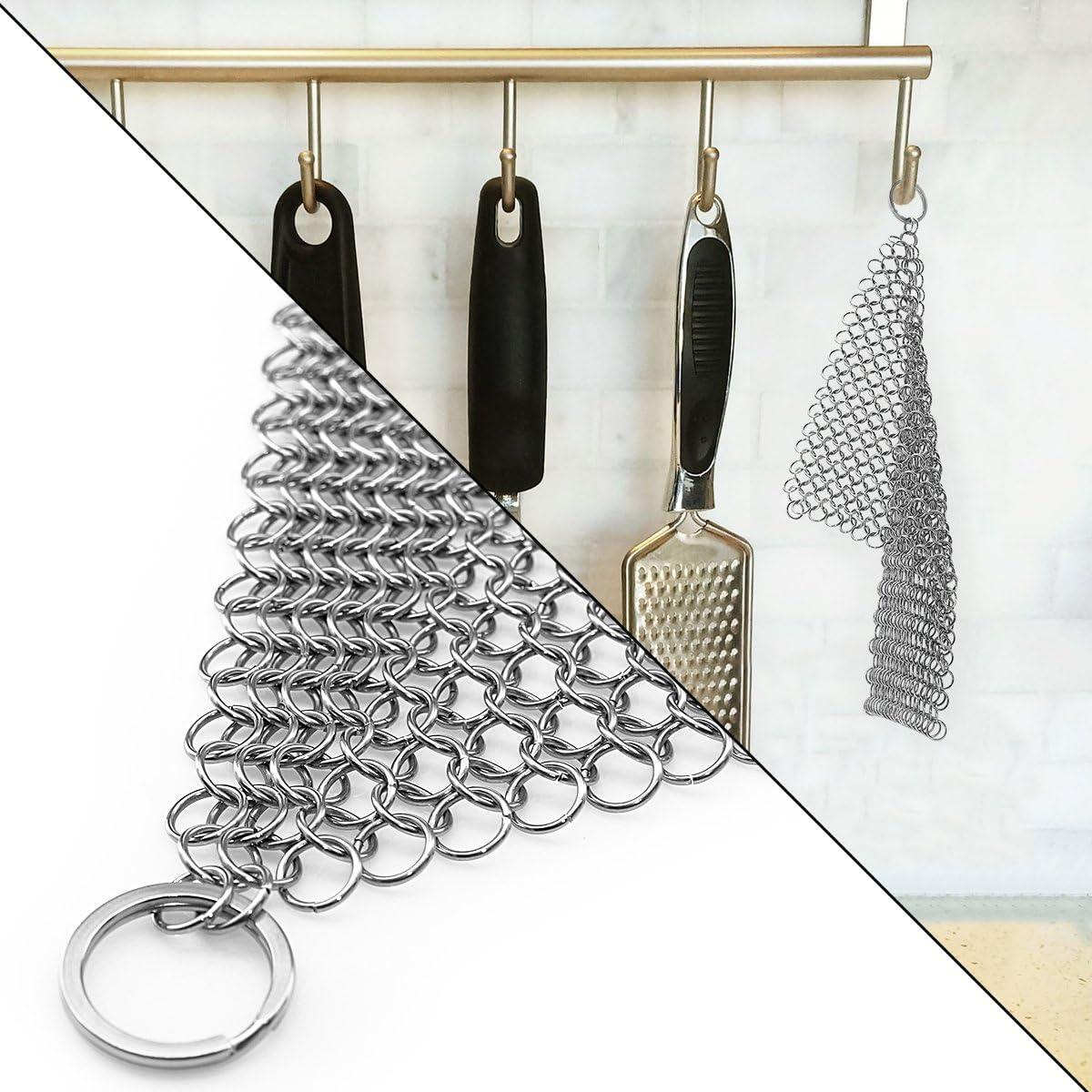 Cast Iron Scrubber 316 Stainless Steel Skillet Cleaner 8"x6" Chainmail Scrubber Scraper Chain Mail Link Scrub for Cast Iron Pre-Seasoned Pans, Griddles, BBQ Grills, and Pot Cookware Cleaning