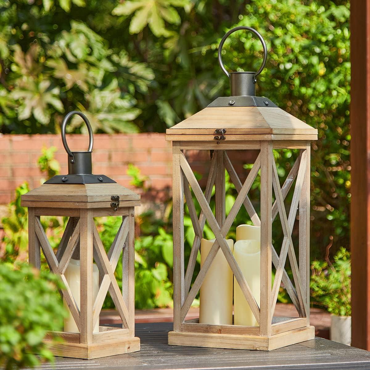 Glitzhome Modern Farmhouse Wooden Lantern Hanging Decorative Candle Lantern for Outdoor & Indoor Black Set of 2 (No Glass)
