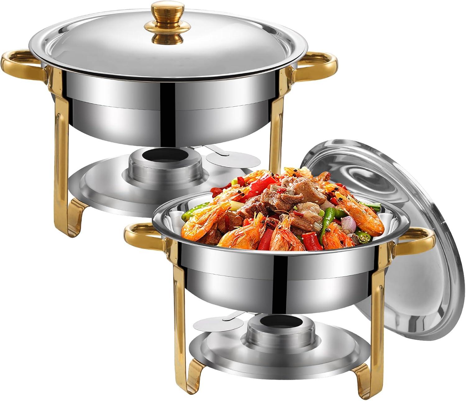WhizMax Chafing Dish Buffet Set 2 Pack 5QT, Stainless Steel Round Chafing Dishes for Buffet with Lid Holder & Glass Lid, Gold