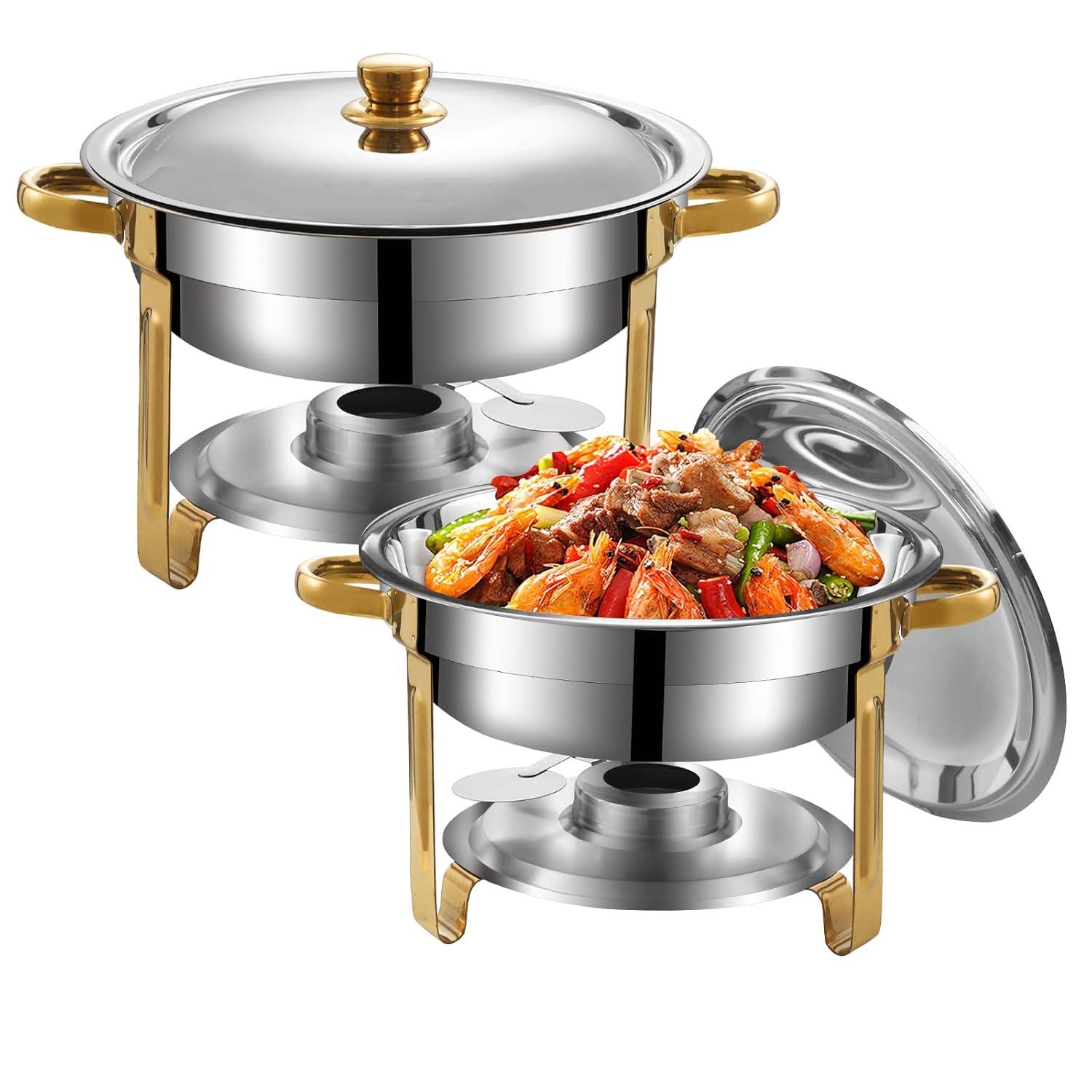 WhizMax Chafing Dish Buffet Set 2 Pack 5QT, Stainless Steel Round Chafing Dishes for Buffet with Lid Holder & Glass Lid, Gold