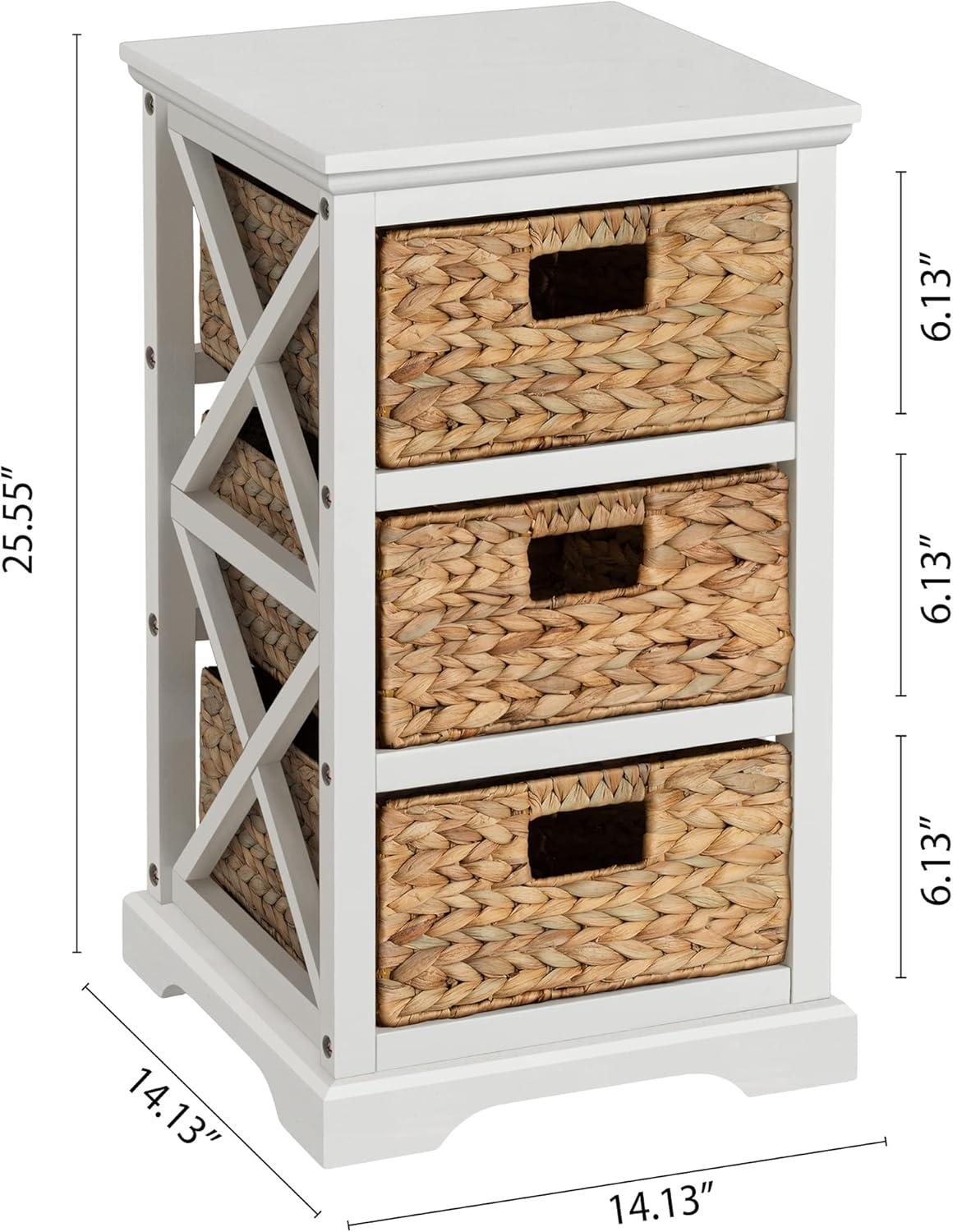 eHemco Hampton Meadows 3 Tier X-Side End Storage Cabinet with 3 Wicker Baskets, White