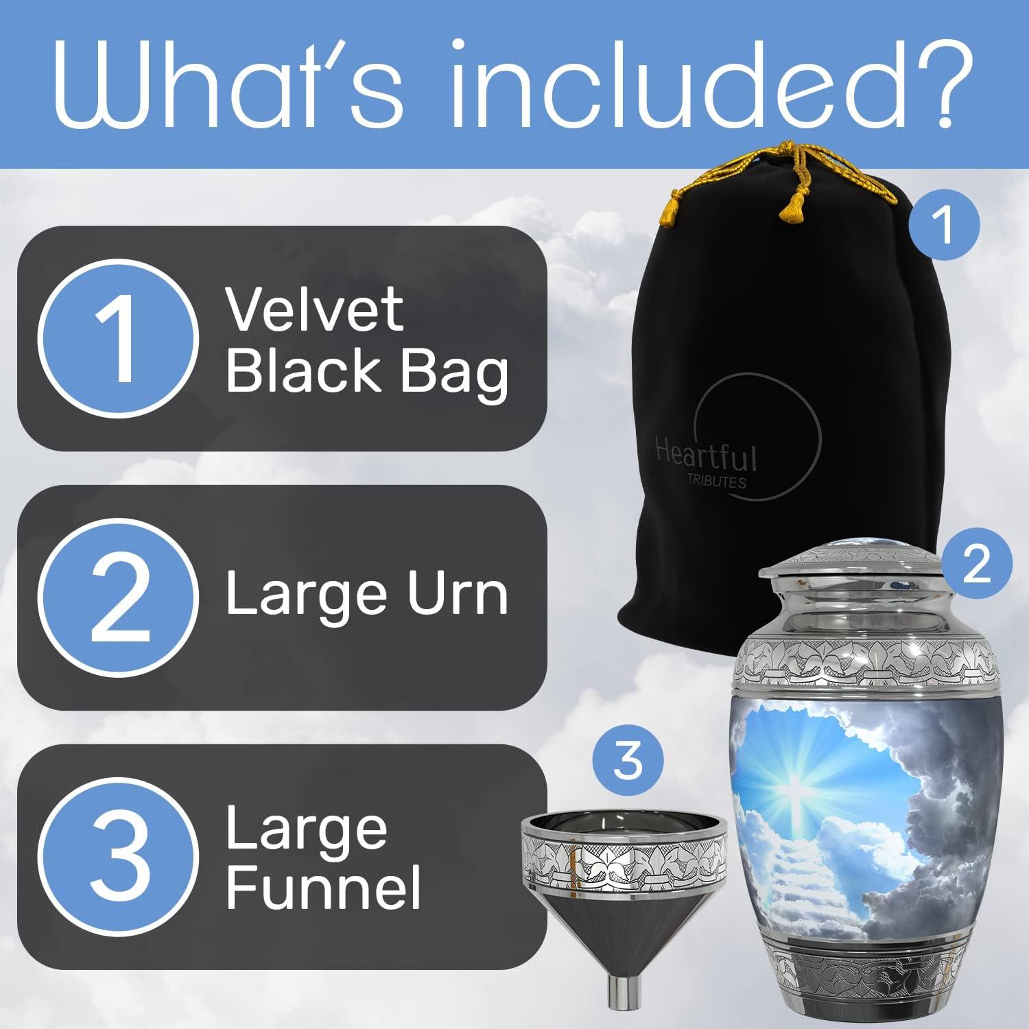 Stairway to Heaven Large Cremation Urn for Human Ashes with Handcrafted Funnel (Christian/Catholic/Cross/Adult/Male/Female)