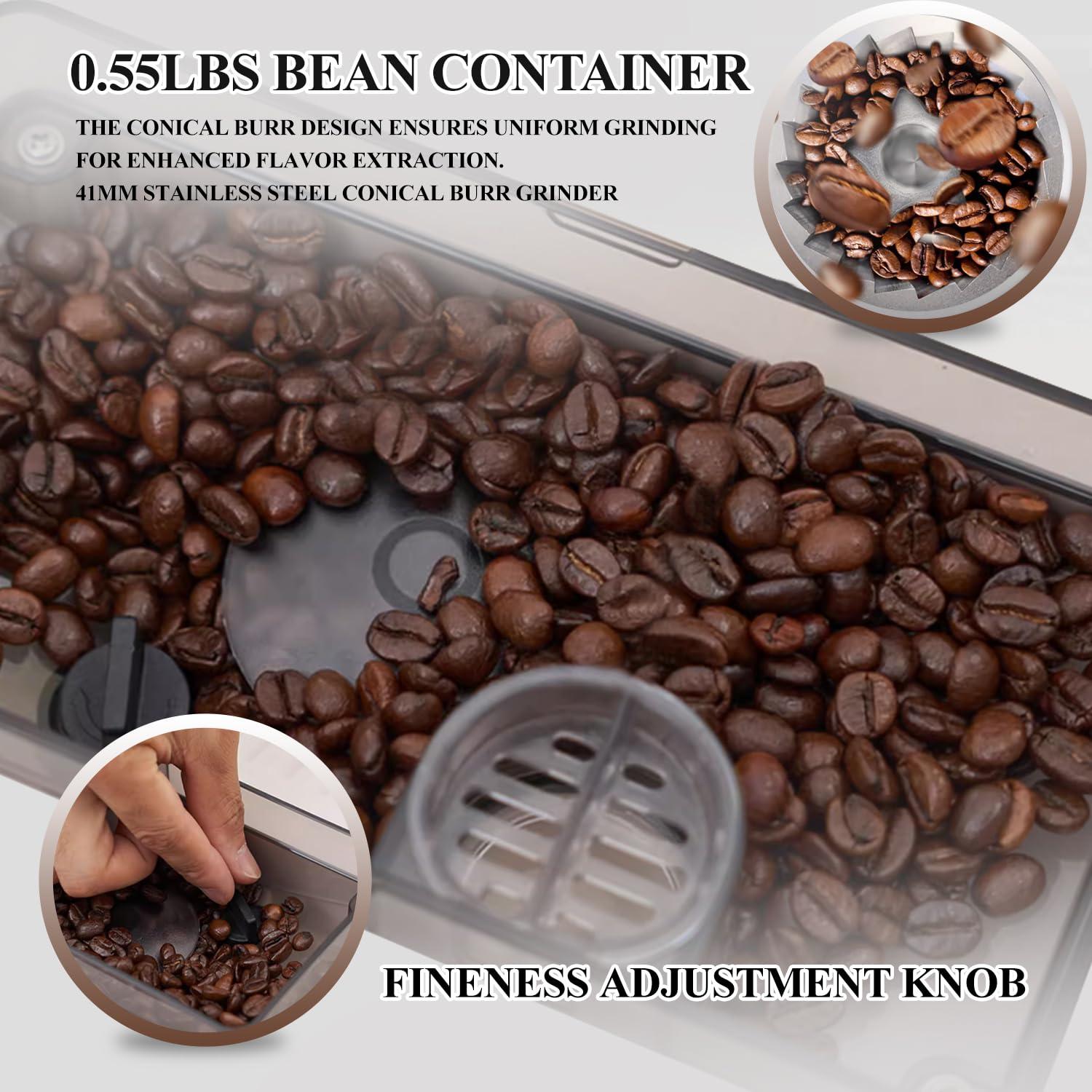 Pakroman Fully Automatic Espresso Machine Milk Frother+19 Bar Italian Ulka Touch Display+Burr Grinder