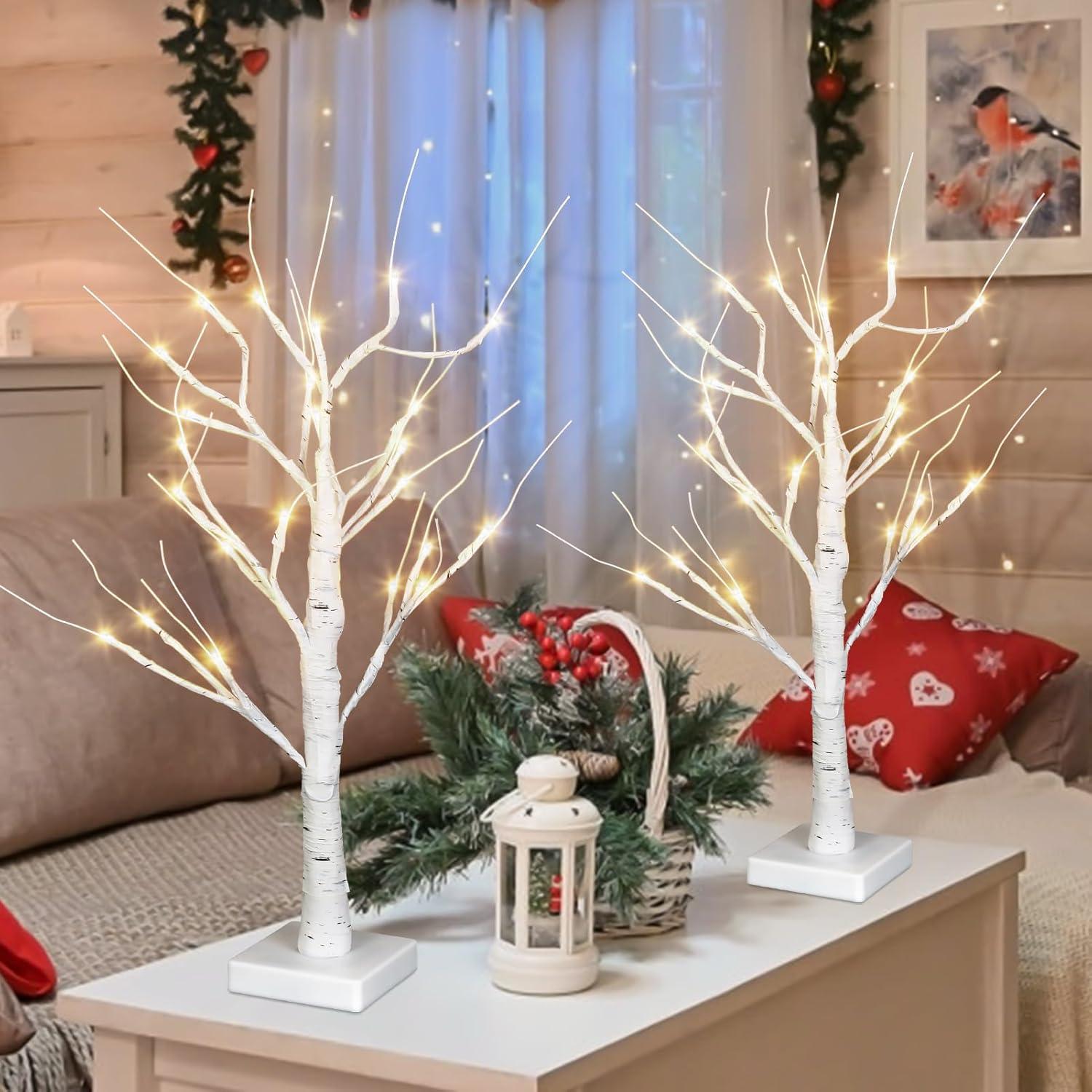 Bonbons 2 Pack Christmas Tree with LED Lights,  2ft Birch Tree for Table Decor,  Battery Powered with Timer Function