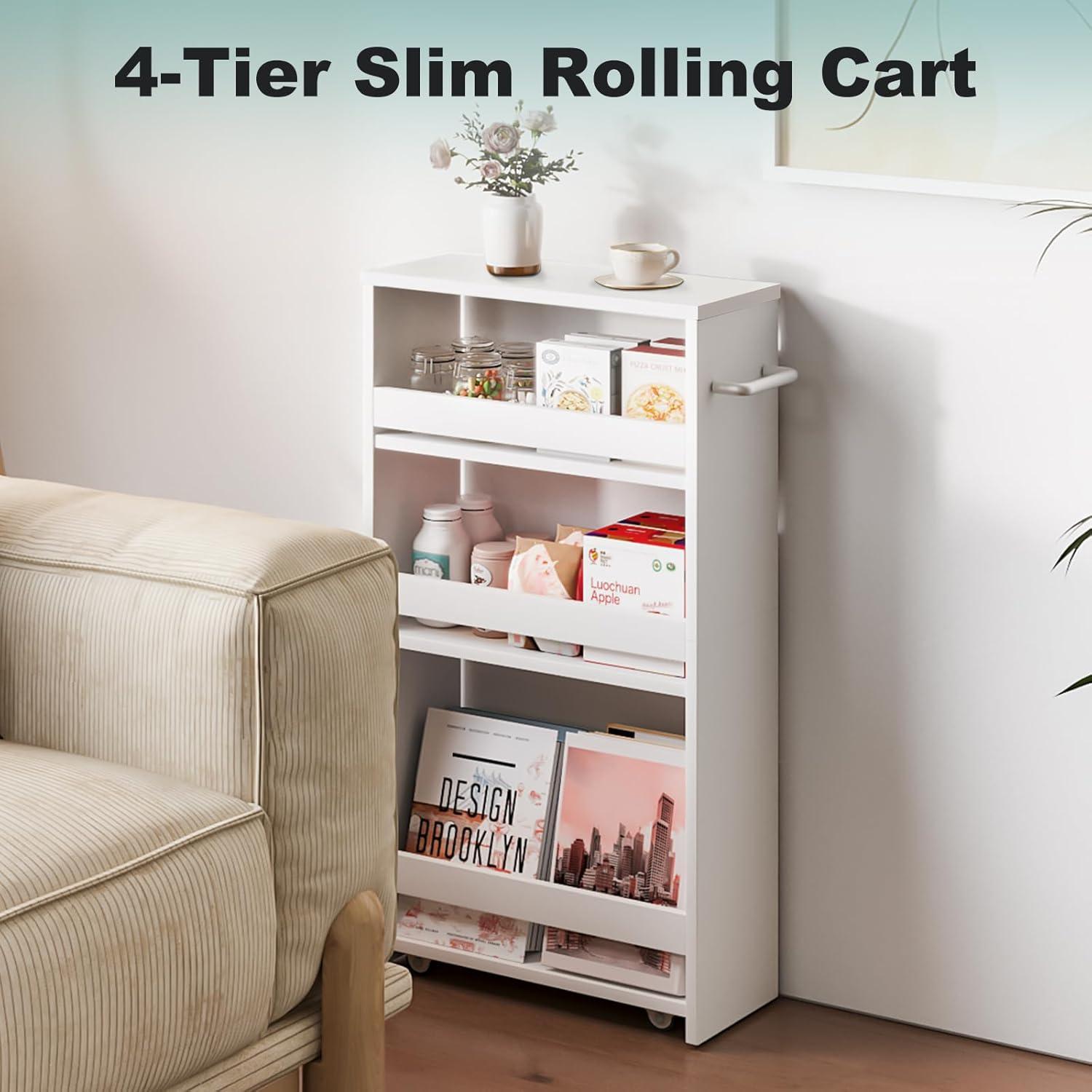 4 Tier White Slim Storage Cart with Handle, 7.9''W Slide Out Storage Rolling Utility Cart Mobile Shelving Unit Organizer Trolley for Small Spaces Kitchen Laundry Narrow Places