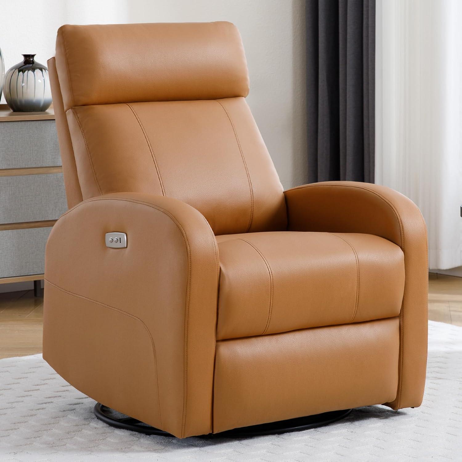 Swivel Rocker Recliner Chair, Manual Leather Recliner, Glider Rocking Recliner Chair 360°Swivel Nursery Reclining Chair with Adjustable Headrest/Highback for Living Room, Brown