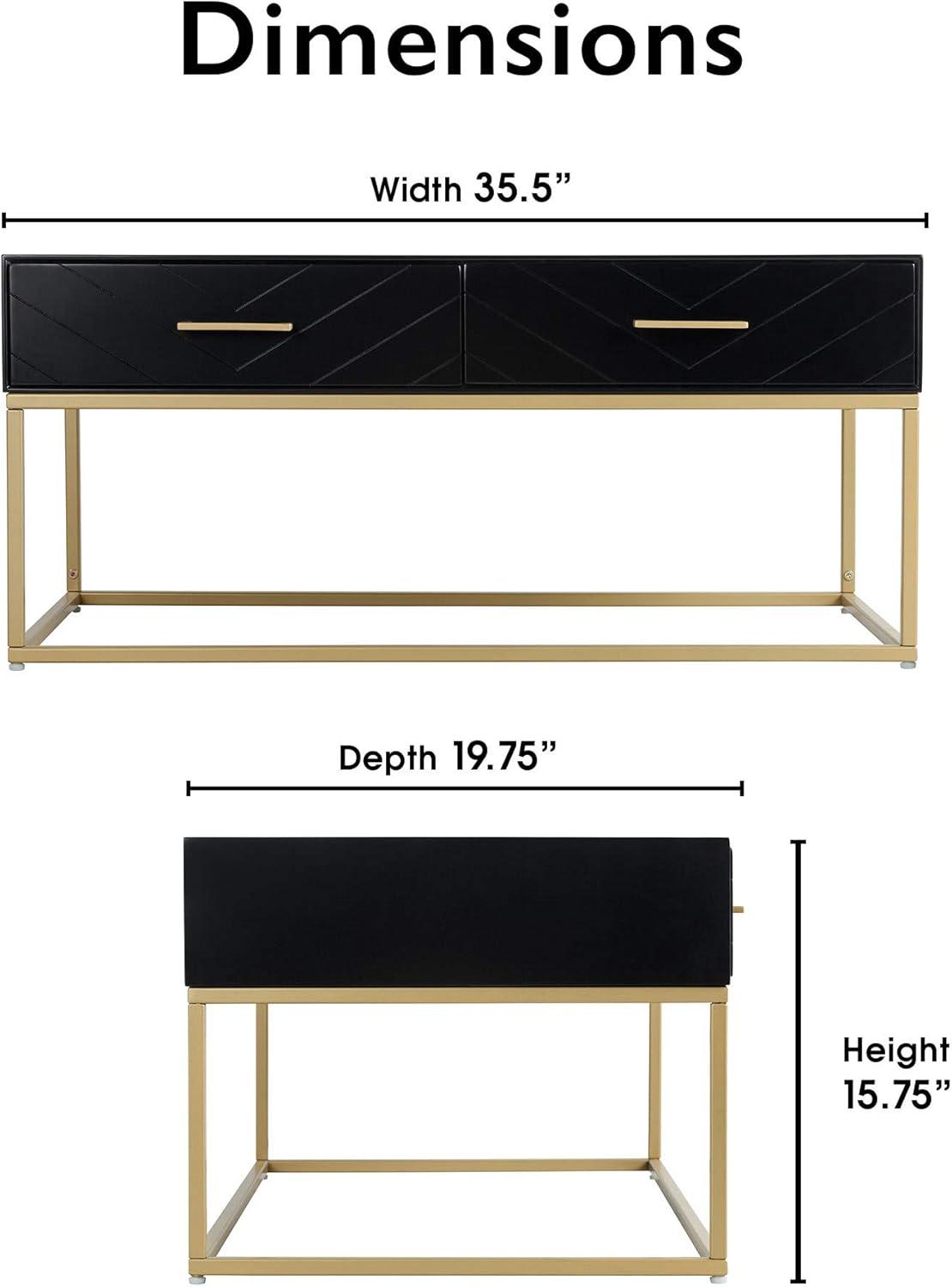 Tommy Hilfiger Ellias Modern Coffee Table with Two Drawers, Glossy Black Top, Golden Metal Frame