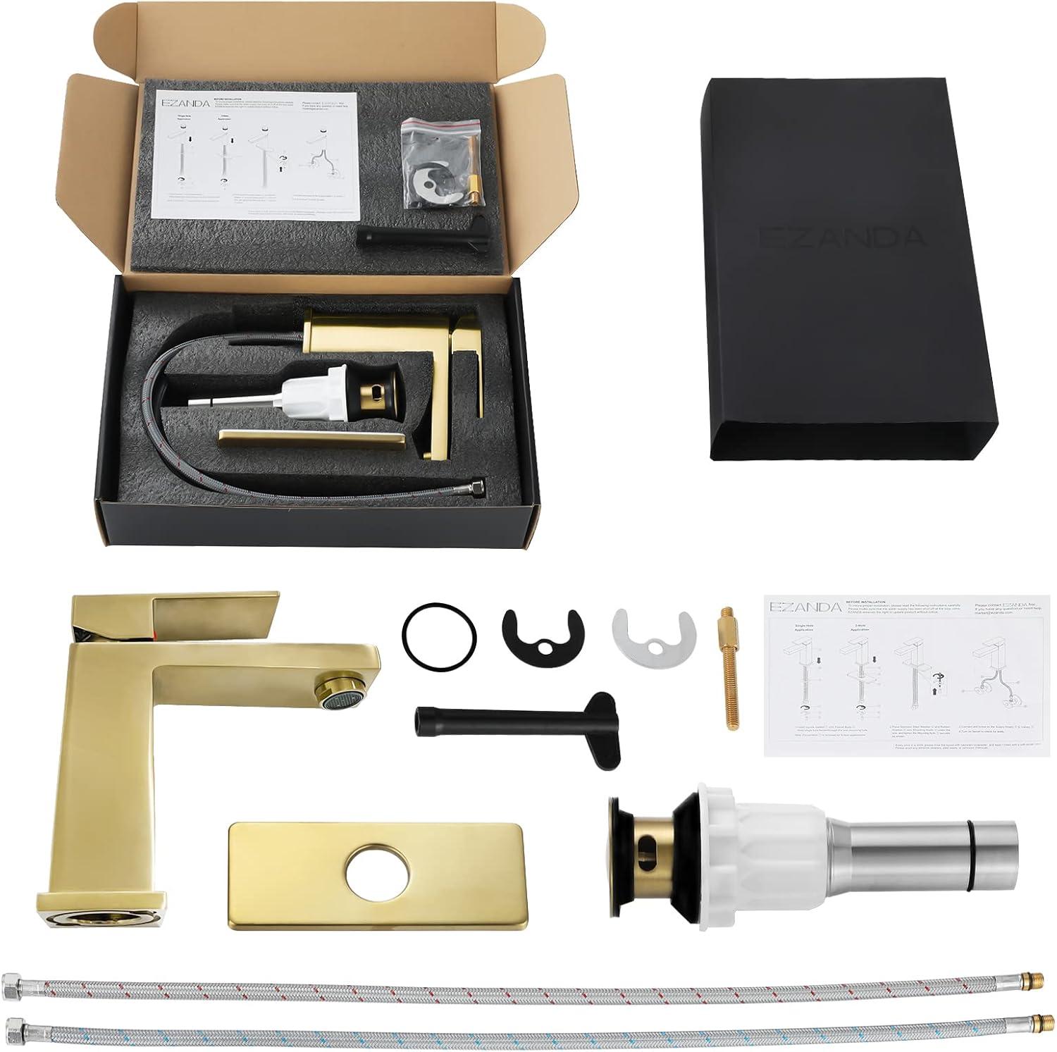 Brass Bathroom Sink Faucet Single Handle Lavatory Vanity Mixer Tap 1 Hole with Deck Plate, Metal Pop-up Drain Assembly & Water Supply Lines (Brushed Gold)