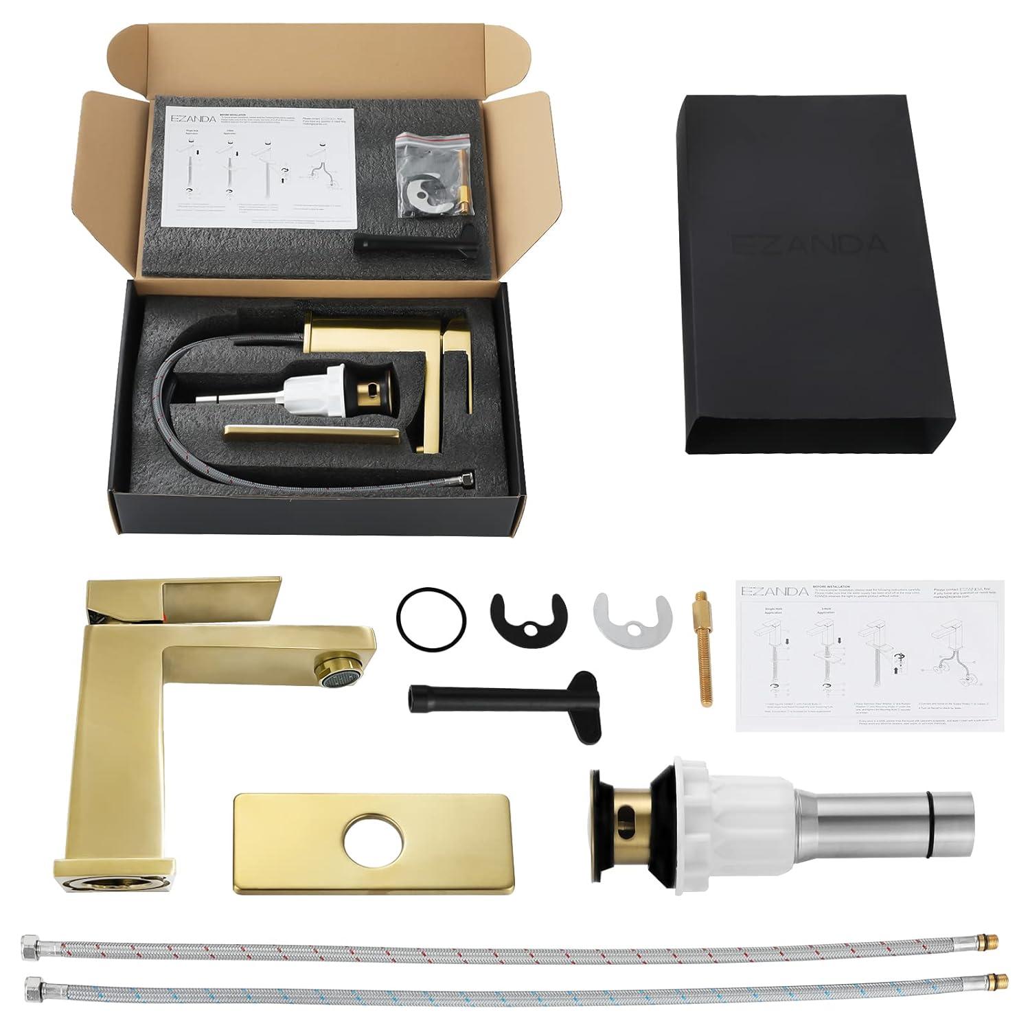 Brass Bathroom Sink Faucet Single Handle Lavatory Vanity Mixer Tap 1 Hole with Deck Plate, Metal Pop-up Drain Assembly & Water Supply Lines (Brushed Gold)