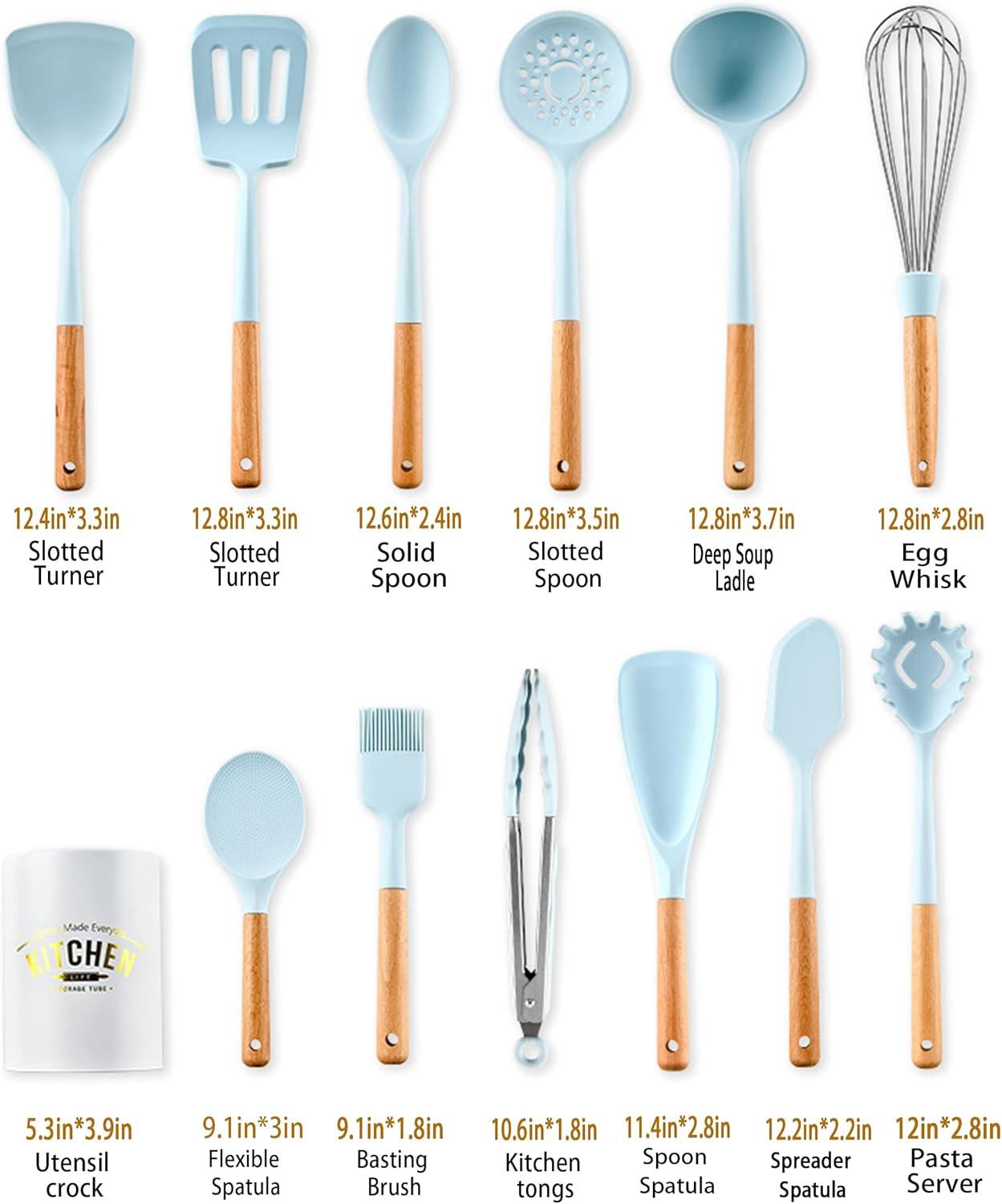 13-Piece Blue Silicone and Wood Handle Cooking Utensil Set