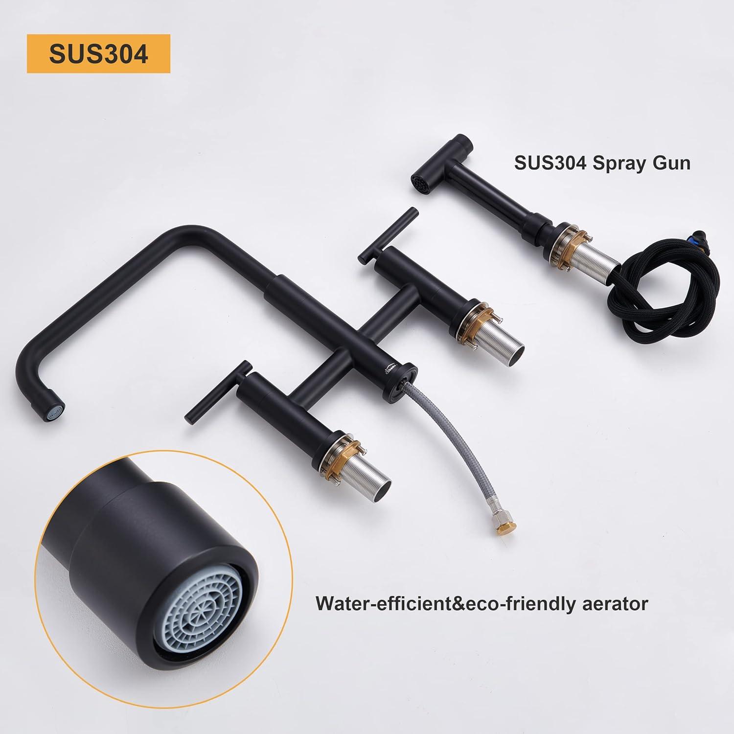 Double Handle Bridge Kitchen Faucet in Brushed Gold, with Put Out Side Sprayer