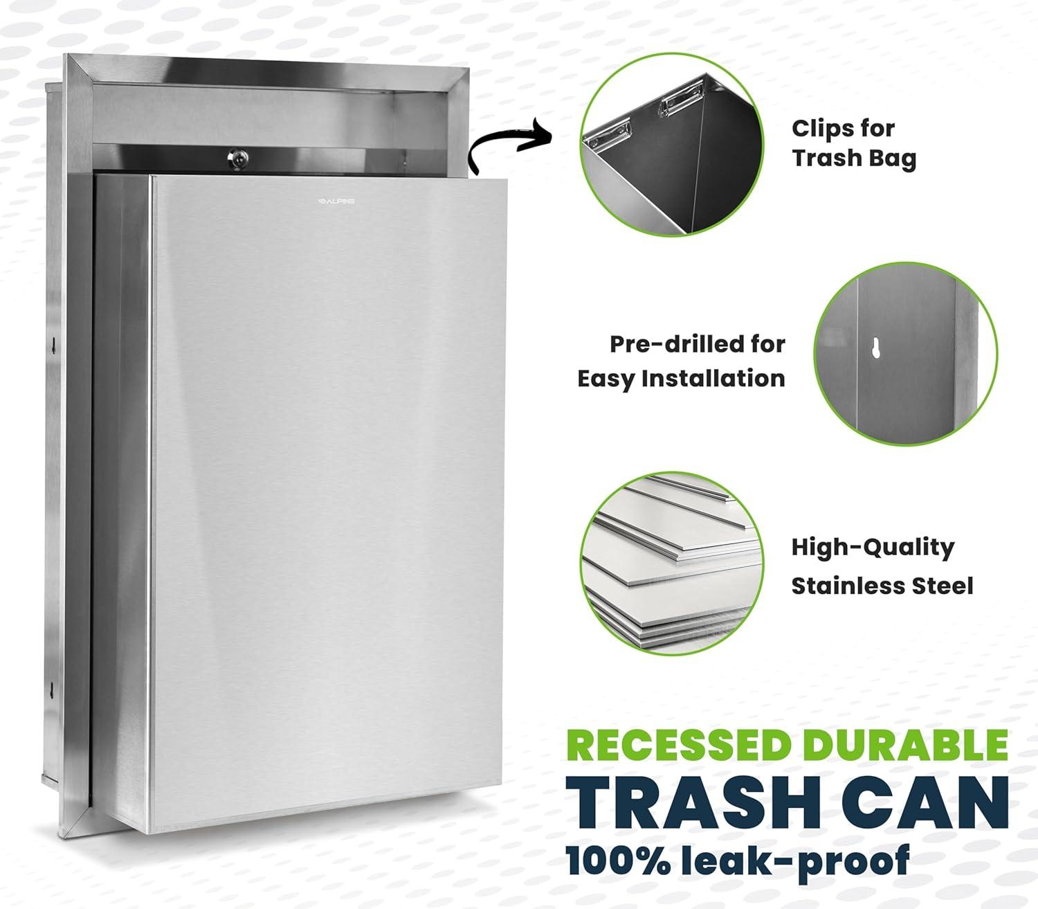 Alpine Recessed Waste Receptacle - Large 12 Gallon Brushed Finish Stainless Steel Mounted in Wall Trash Can for Commercial Bathrooms in High Traffic Areas Like Restaurant, Airport, Hotel, School
