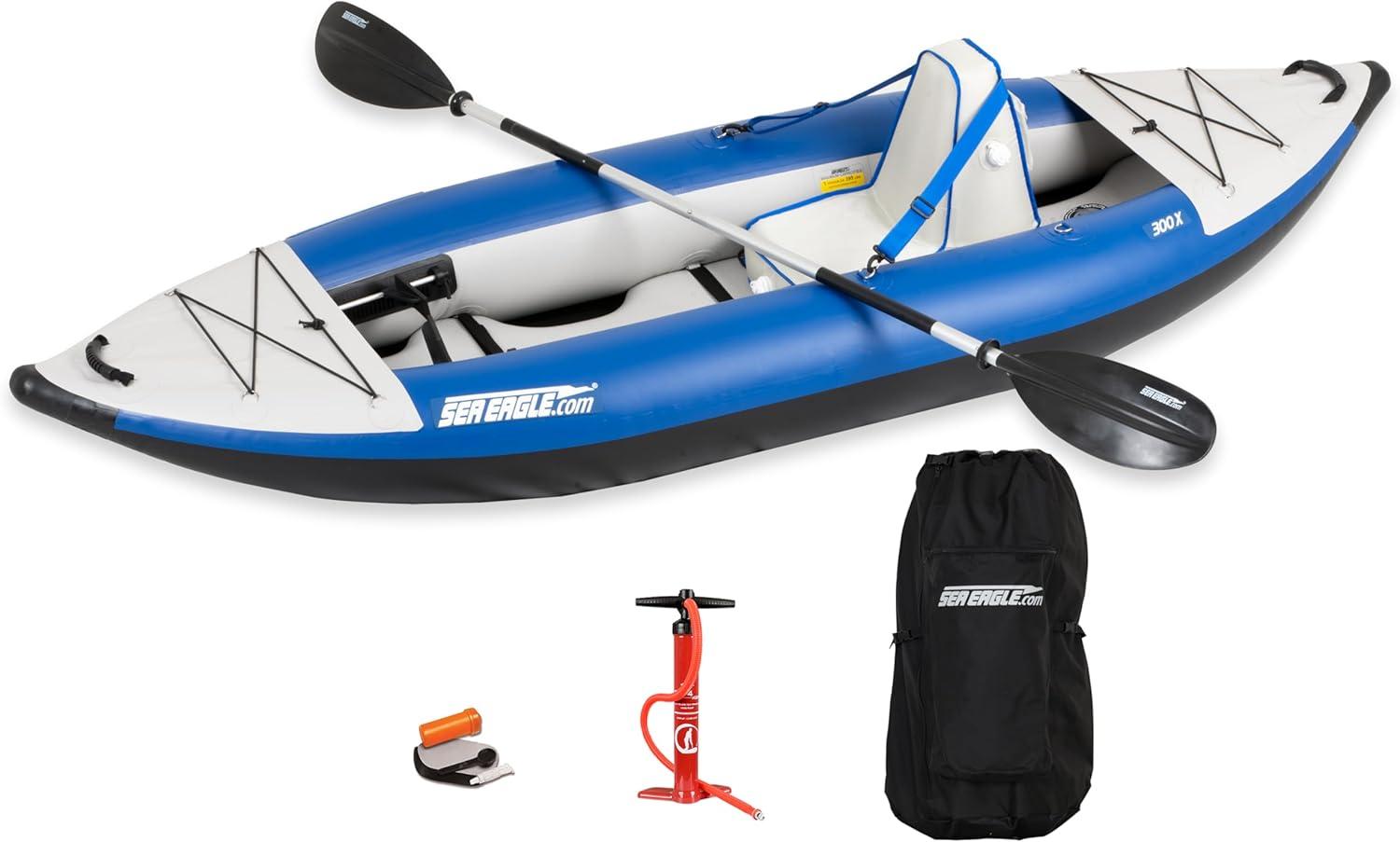 Sea Eagle 300X Explorer Touring, Camping, Fishing & Whitewater Inflatable Kayak, 1 Person, Lightweight, Self-Bailing, High Pressure Drop Stitch Floor-W/Paddle, Seat, Pump, Skeg - Deluxe Package