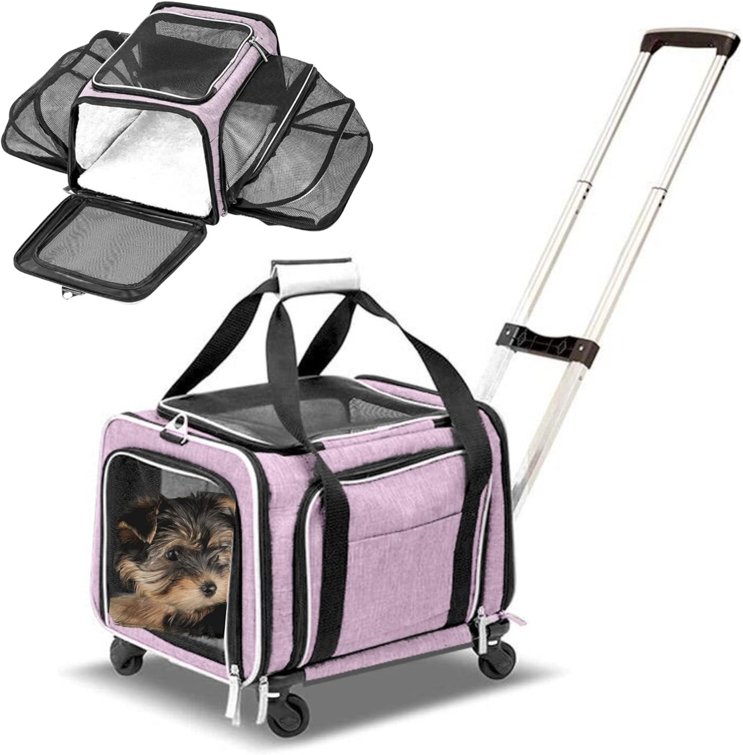 Ruff Life Airline Approved Expandable Premium Pet Carrier on Wheels- Two Sided Expandable Rolling Carrier- Designed for Dogs & Cats- Extra Spacious Soft Lined Carrier! - Pink