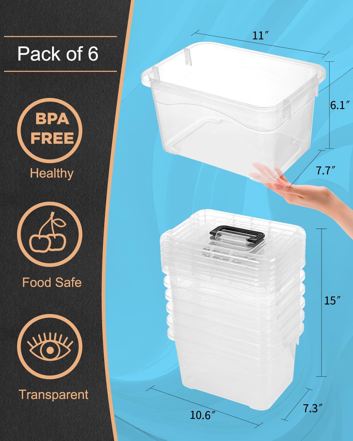 Plastic Storage Bins 7 Quart-Storage Organizer Bins with Black Buckle Lids, Stackable Storage Bins with Lids for Home Office Kids Room Closet School Art Supplies Organization,6 Packs, Clear
