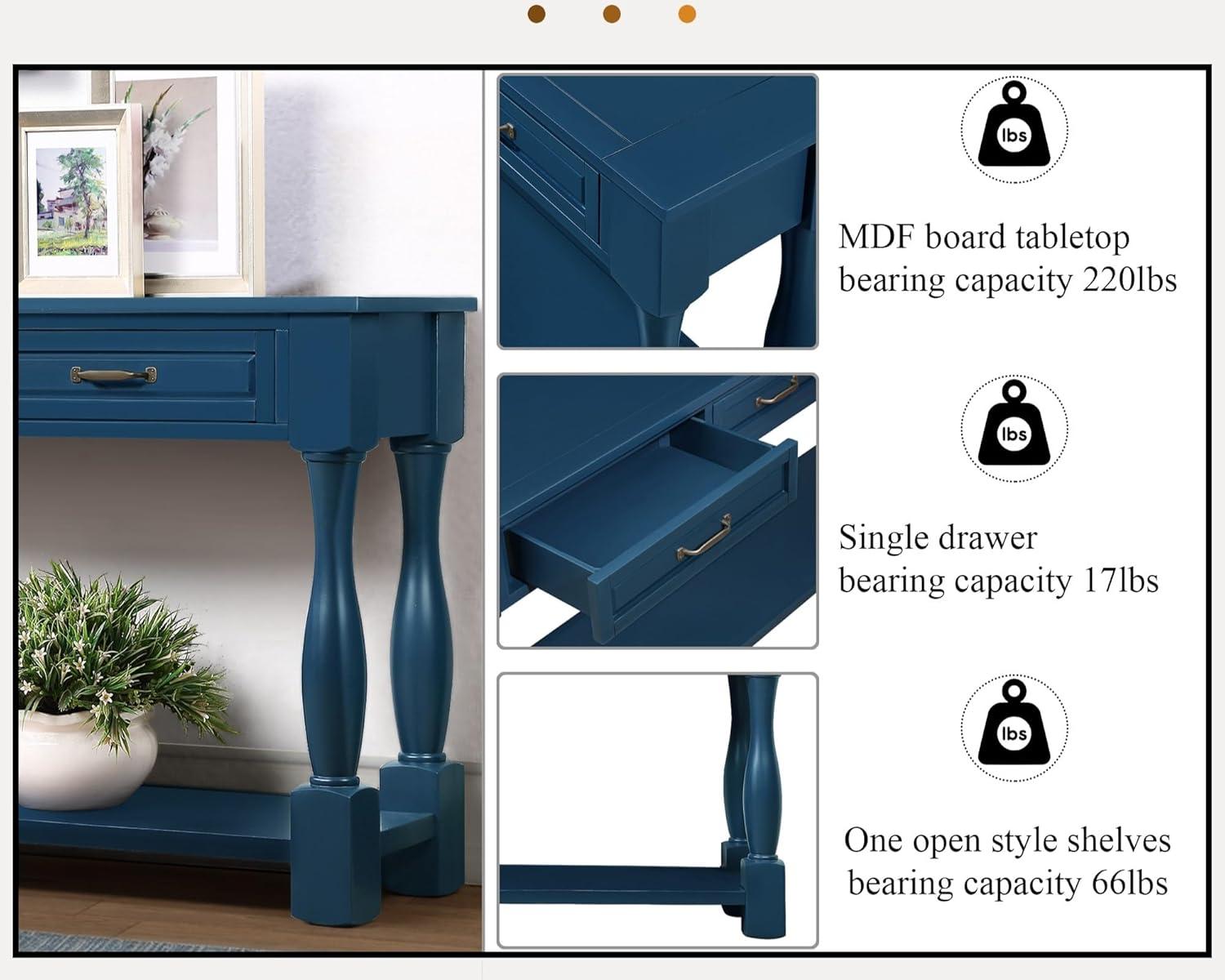 LKTART Solid Wood Console Table for Entryway,Long Sofa Table with 3 Drawers for Hallway,Foyer,Entry,Easy Assembled (63" Navy Blue)