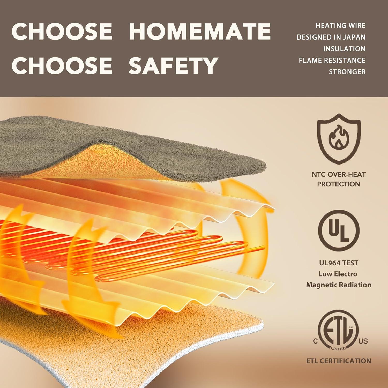 Homemate Electric Heated Blanket Throw - 50"x60" Heating Blanket Throw Size 1/2/4/6/8 Hours Auto-off 10 Heat Level Heat Blanket Over-heat Protection Flannel Sherpa Big Heater Blanket ETL Certification