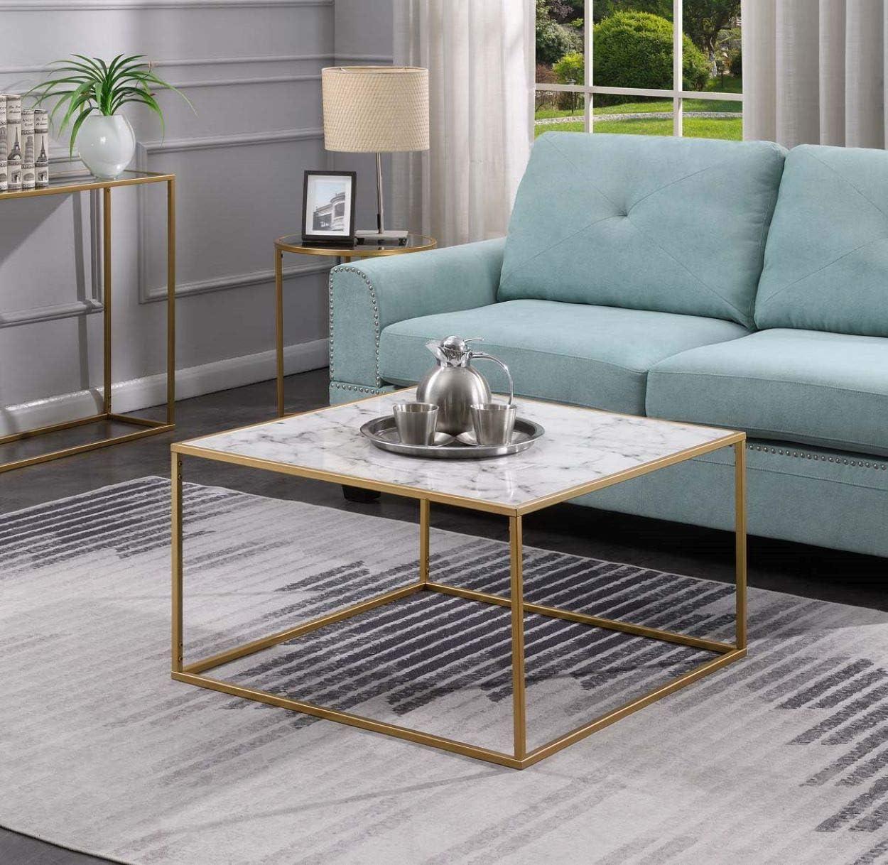 Gold and Faux Marble Square Coffee Table with Metal Frame