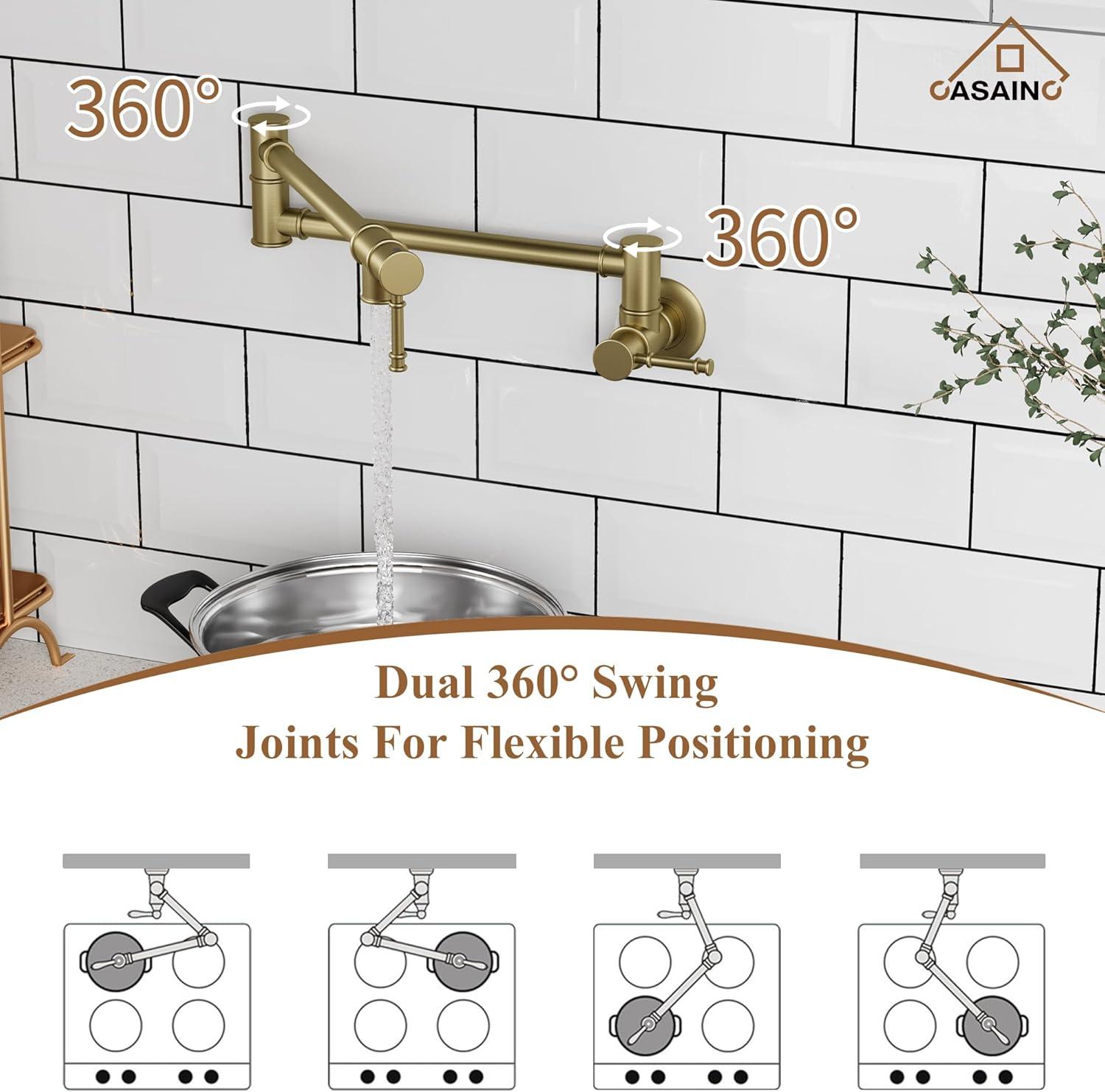 Pot Filler Faucet Brushed Nickel, ARCORA Modern Pot Filler Wall Mount Kitchen Folding Faucet 2 Handle With Double Joint Swing Arms Brass Stove Faucet