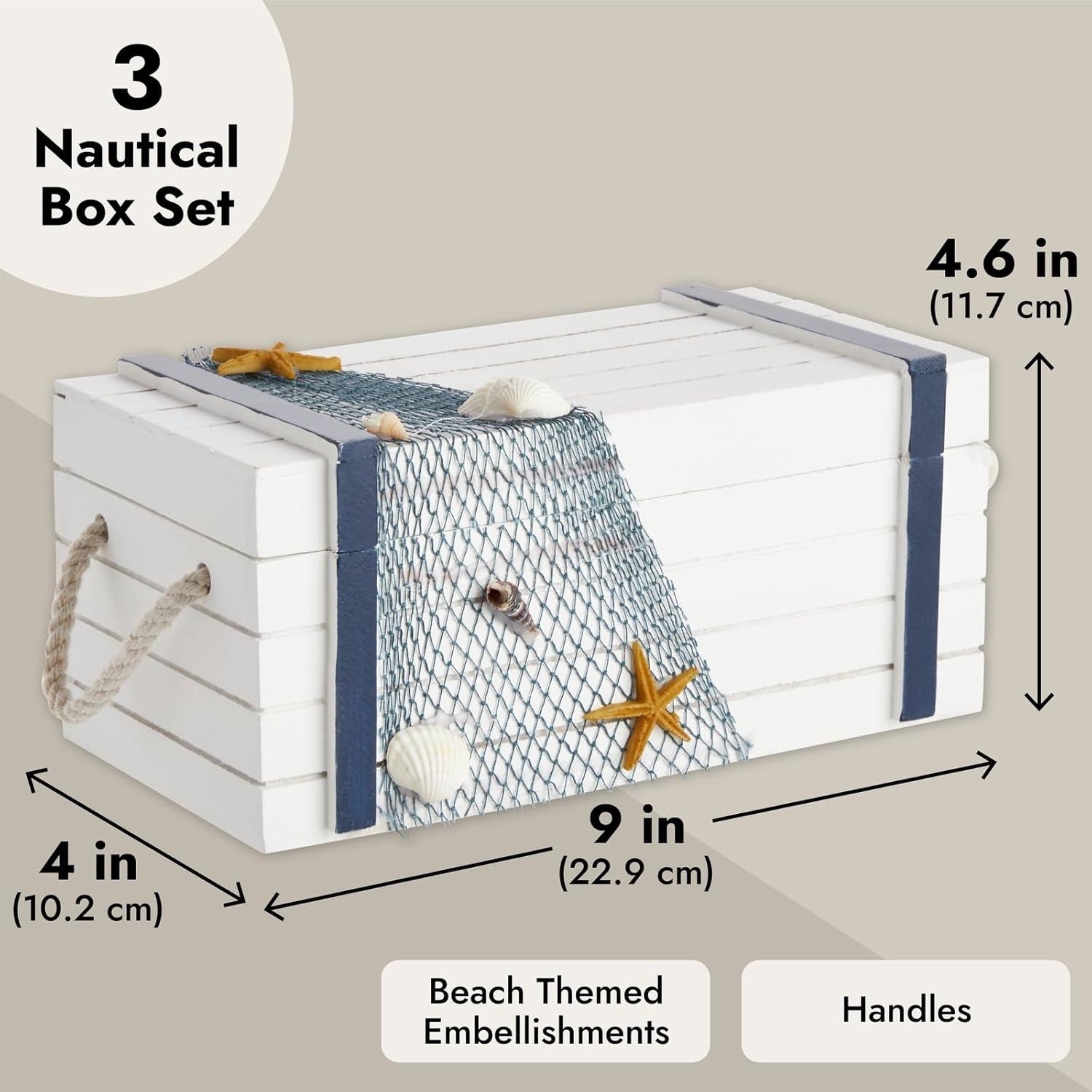 Nautical Box Set, Beach Theme Wooden Jewelry Boxes for Ocean Decor (3 Sizes)