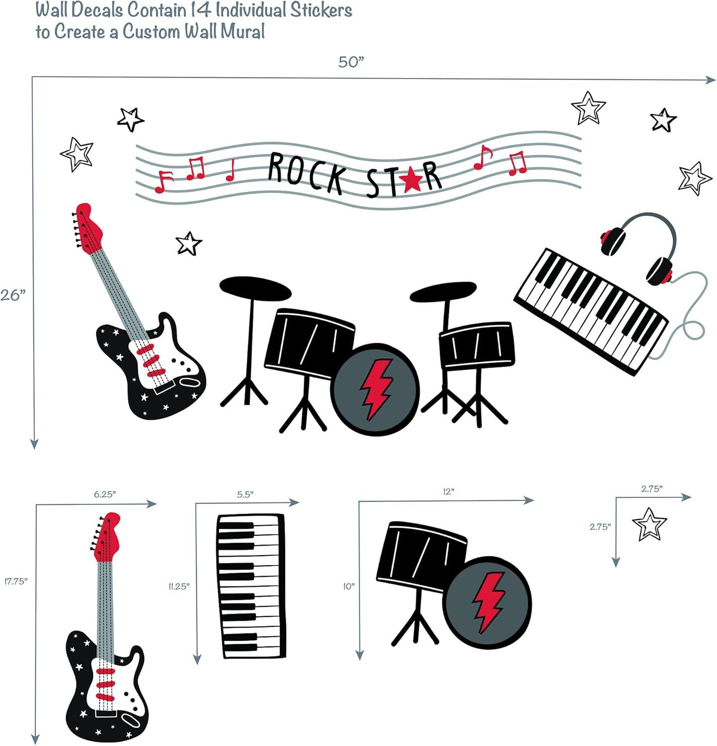 Lambs & Ivy Rock Star Musical Instruments Wall Decals/Stickers - Drums/Guitar