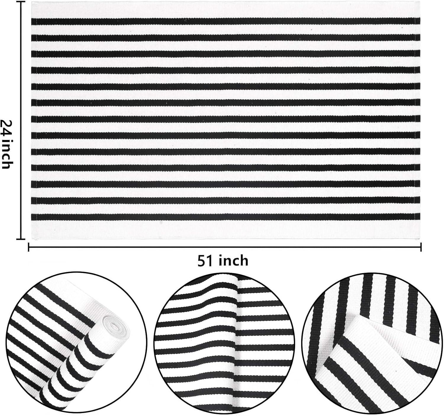 Black and White Striped Hand-Woven Outdoor Rug 24'' x 51''