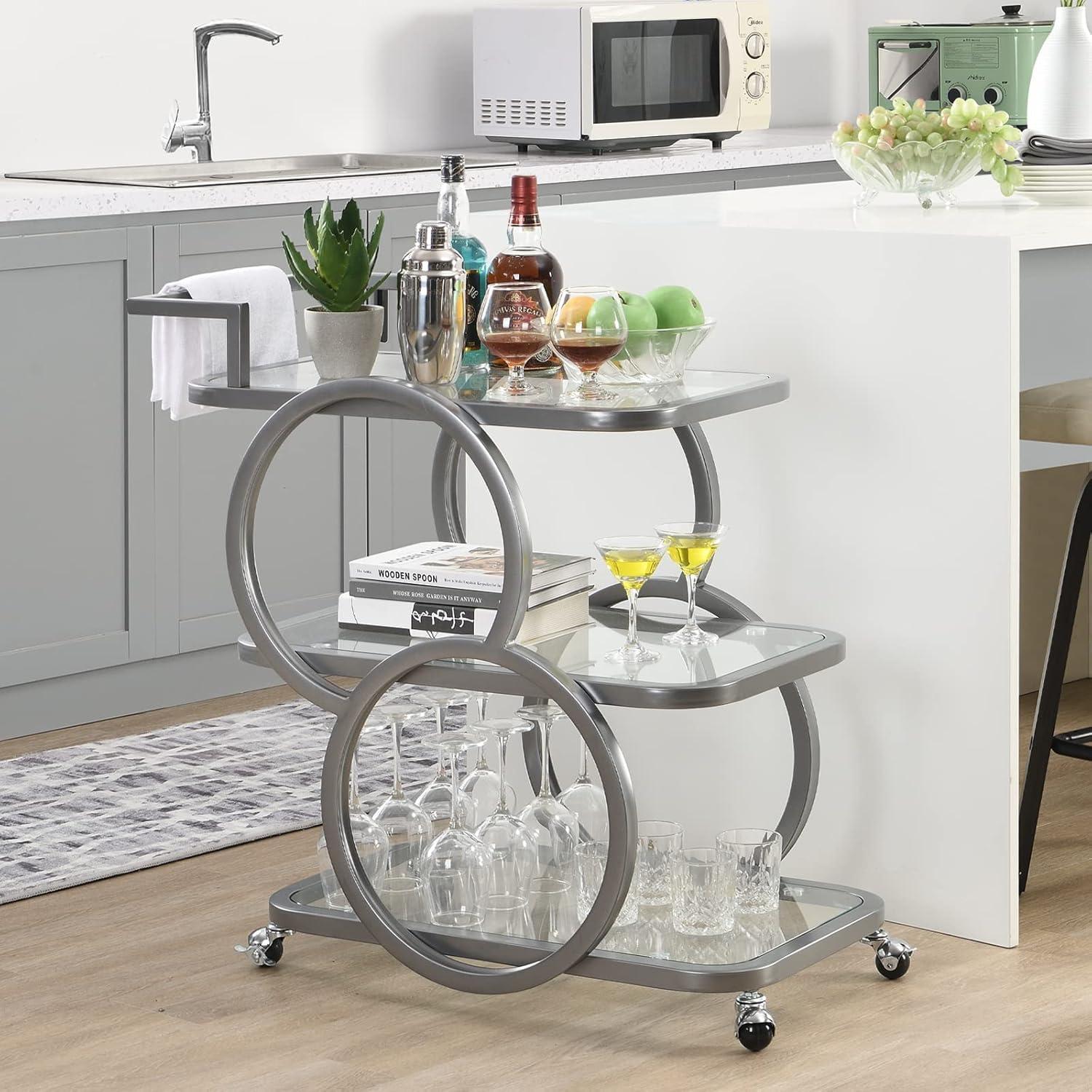 Silver Chrome 3-Tier Glass Bar Cart with Storage