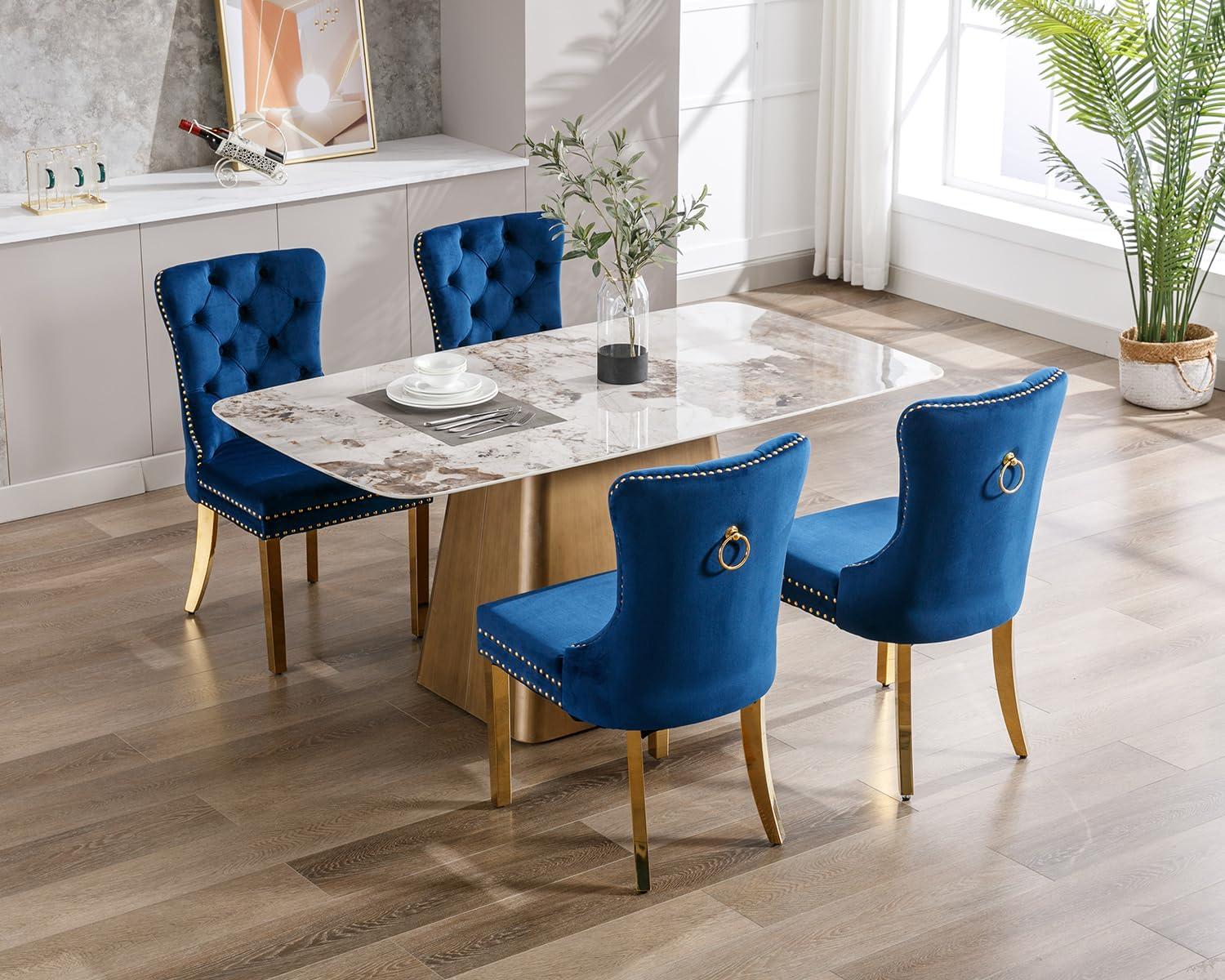 ODUSE-DAILY Velvet Dining Chairs Set of 4, Navy Kitchen & Dining Room Chairs, Tufted Dining Chairs, Fabric Upholstered, Solid Wood, Sillas De Comedor (Blue, 4 Pcs)