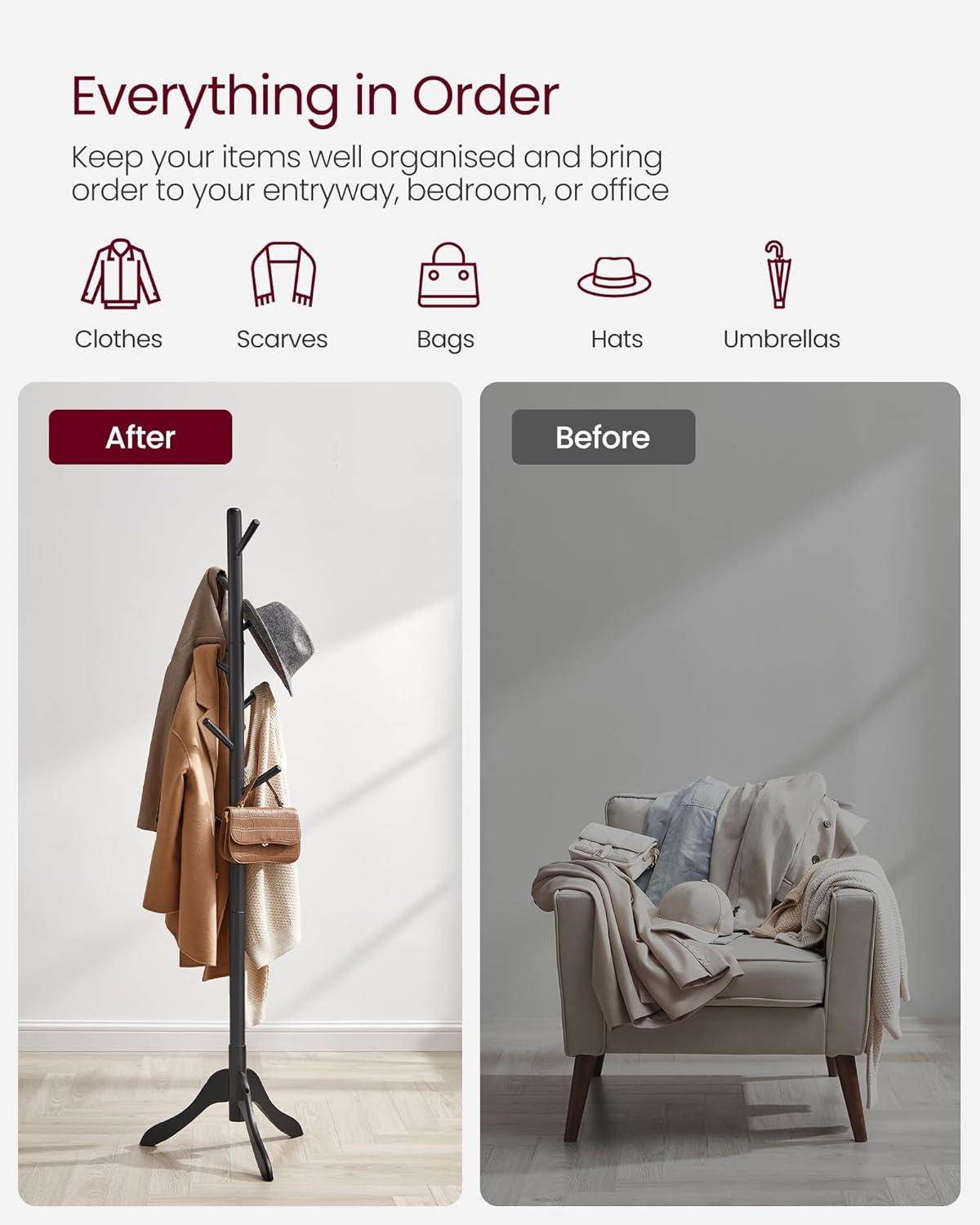 Coat Rack Free Standing, Coat Stand, Hall Coat Tree with 8 Hooks, Black