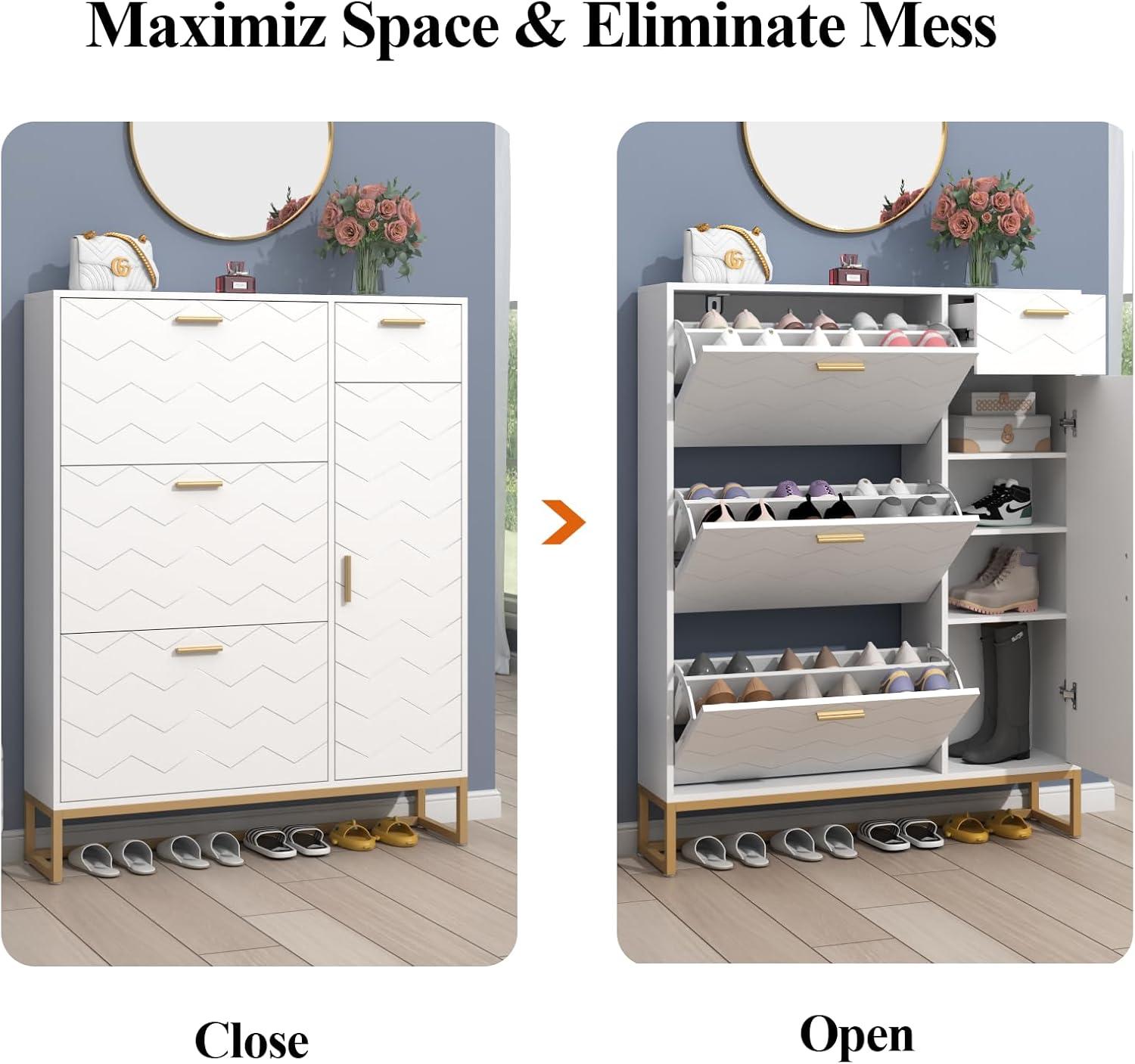 Everly Quinn Shoe Storage Cabinet, Free Standing Shoe Organizer with 3 Flip Drawers and Side Cabinet