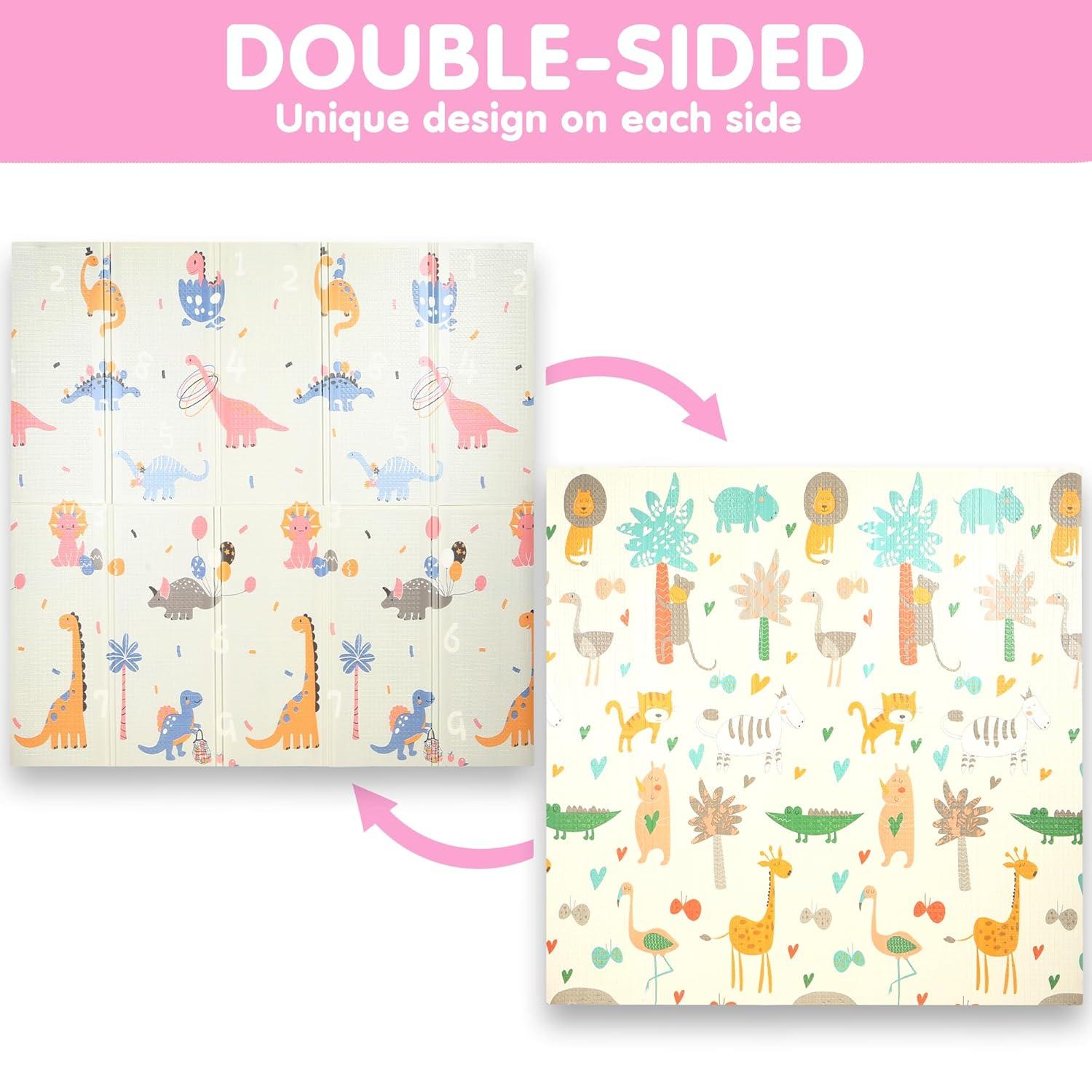 Bammax Waterproof Foam Padded Baby Play Mat with Dinosaurs & Safari Animals Design, Reversible & Foldable Floor Mat, 70” x 78”
