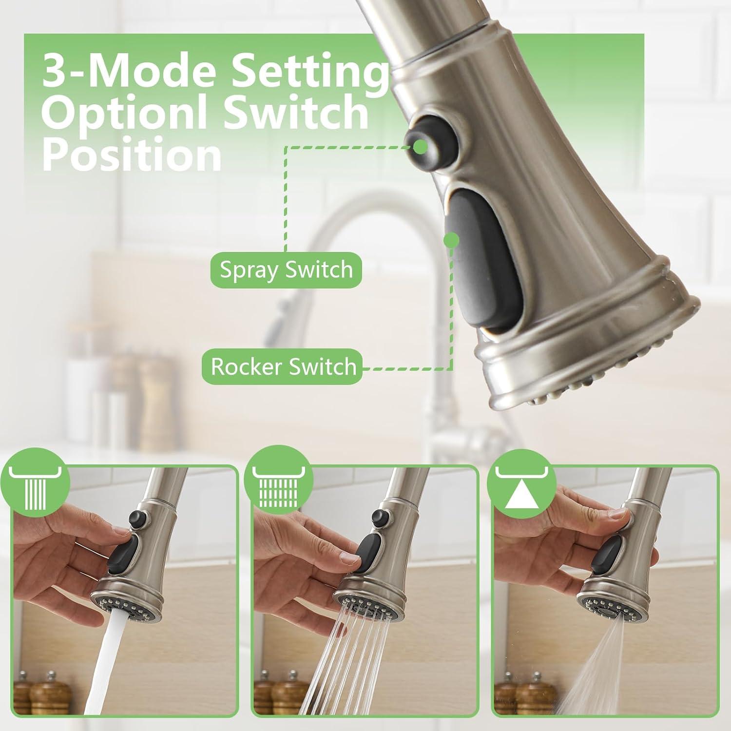 Kitchen Sink Faucet Brushed Nickel with Pull Down Sprayer 3 Mode Faucet for Kitchen Sink Single Handle High Arc Commercial Stainless Steel Pull Out RV Kitchen Faucet Bar,Deck Plate Include