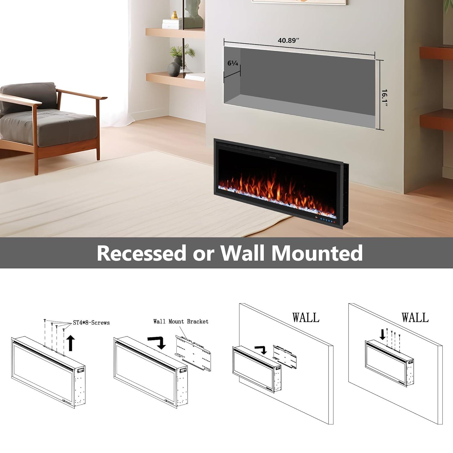 Benrocks 42'' WiFi-Enabled Electric Fireplace Insert - Alexa & App Control, 13 * 13 * 3 Color Combinations, Smart Fireplace Heater, Timer, Logs & Crystals Included, 750/1500W