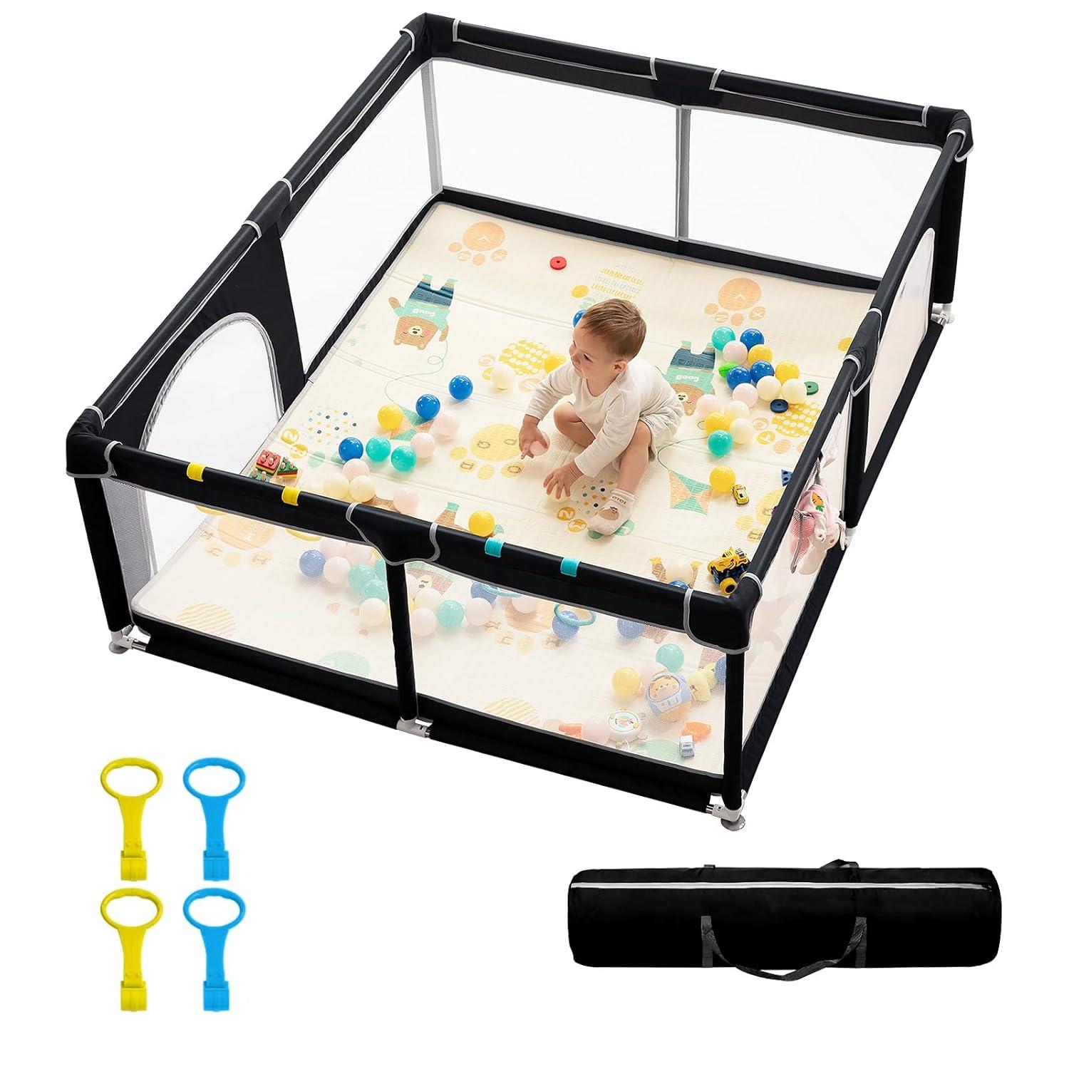 Extra Large Black Baby Playpen with Soft Mesh and Gate