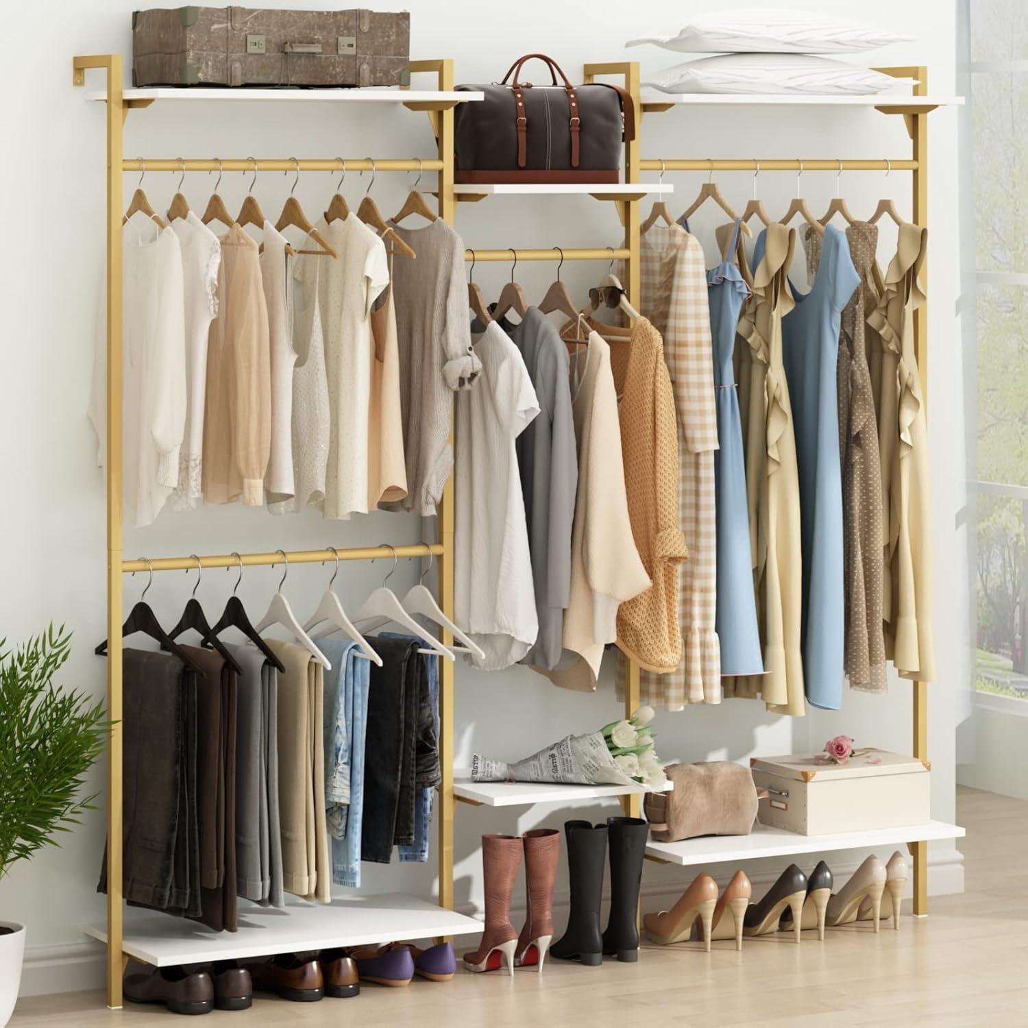 Rebrilliant Oloran Gold Wall Mount Clothes Rack with 4 Hanging Rods, Clothing Rack with 6-Tier Adjustable Shelves