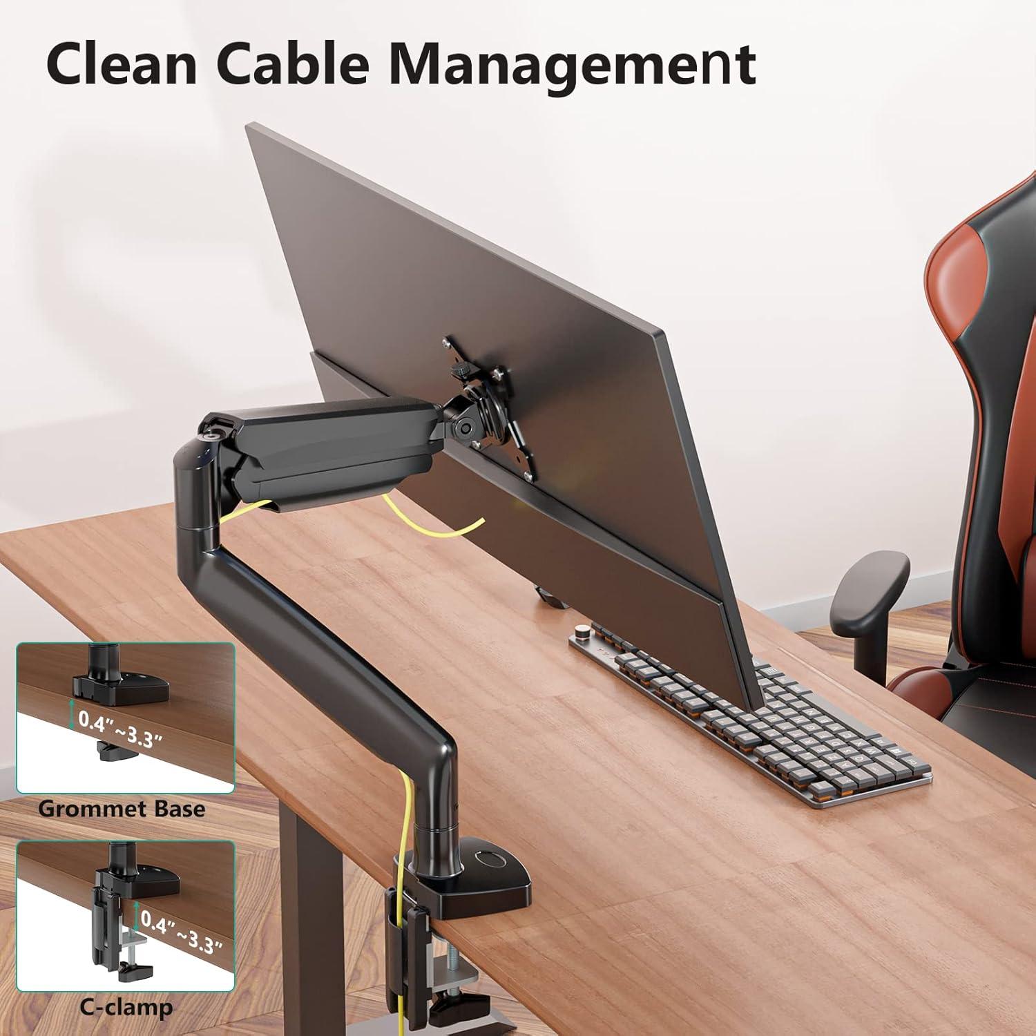 WALI Single Monitor Arm, Gas Spring Single Monitor Mount up to 35 inches and 26.4 lbs, Heavy Duty Monitor Arm Desk Mount, Ultrawide Monitor Mount Desk with C Clamp and Grommet Base (GSMP001XL), Black