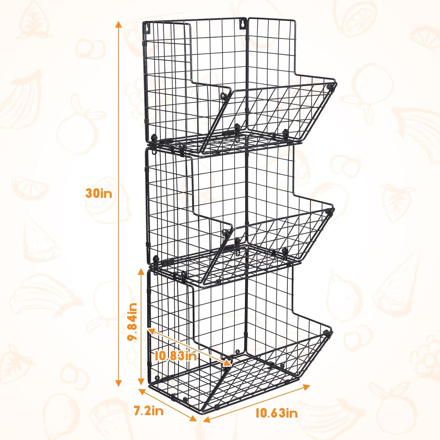 VOMGEB1 3-Tier Wall-Mounted Metal Wire Basket Organizer with 5 S Hooks
