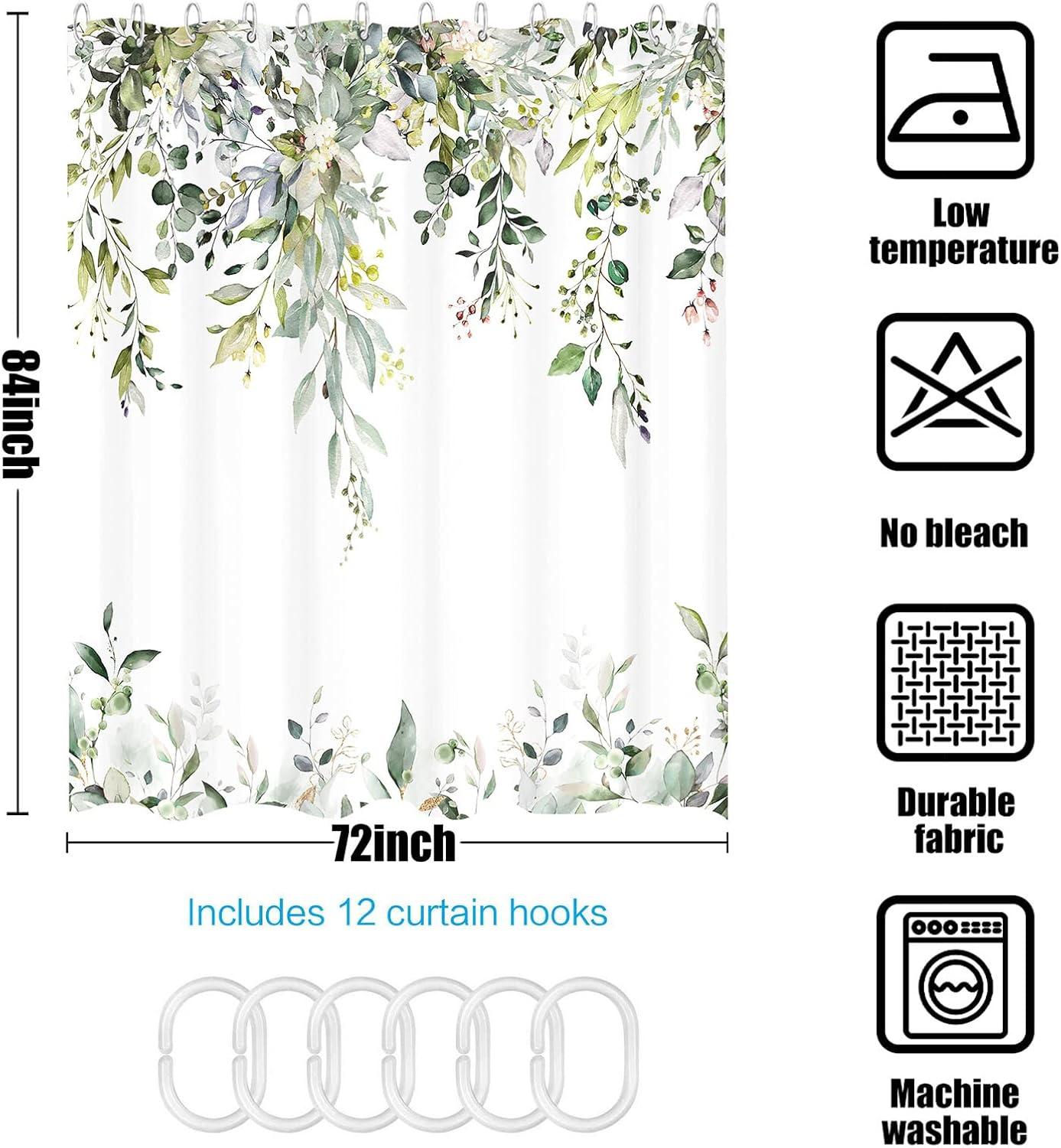 kampdream Eucalyptus Plant Rustic Shower Curtain, Watercolor Leaves On The Top Country Farm House Shower Curtain, Spring Botanical Bathroom Curtain 72 ×72 Inch