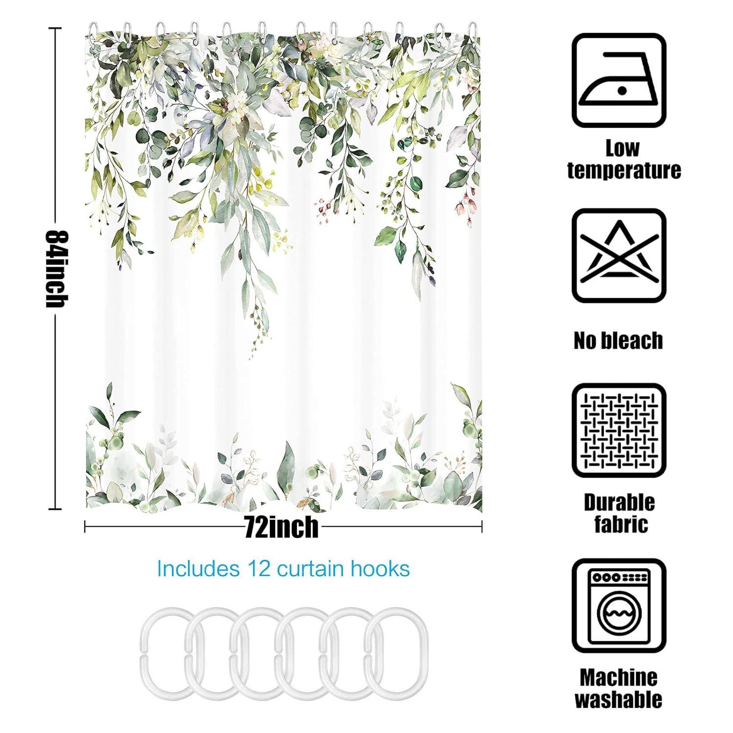 kampdream Eucalyptus Plant Rustic Shower Curtain, Watercolor Leaves On The Top Country Farm House Shower Curtain, Spring Botanical Bathroom Curtain 72 ×72 Inch