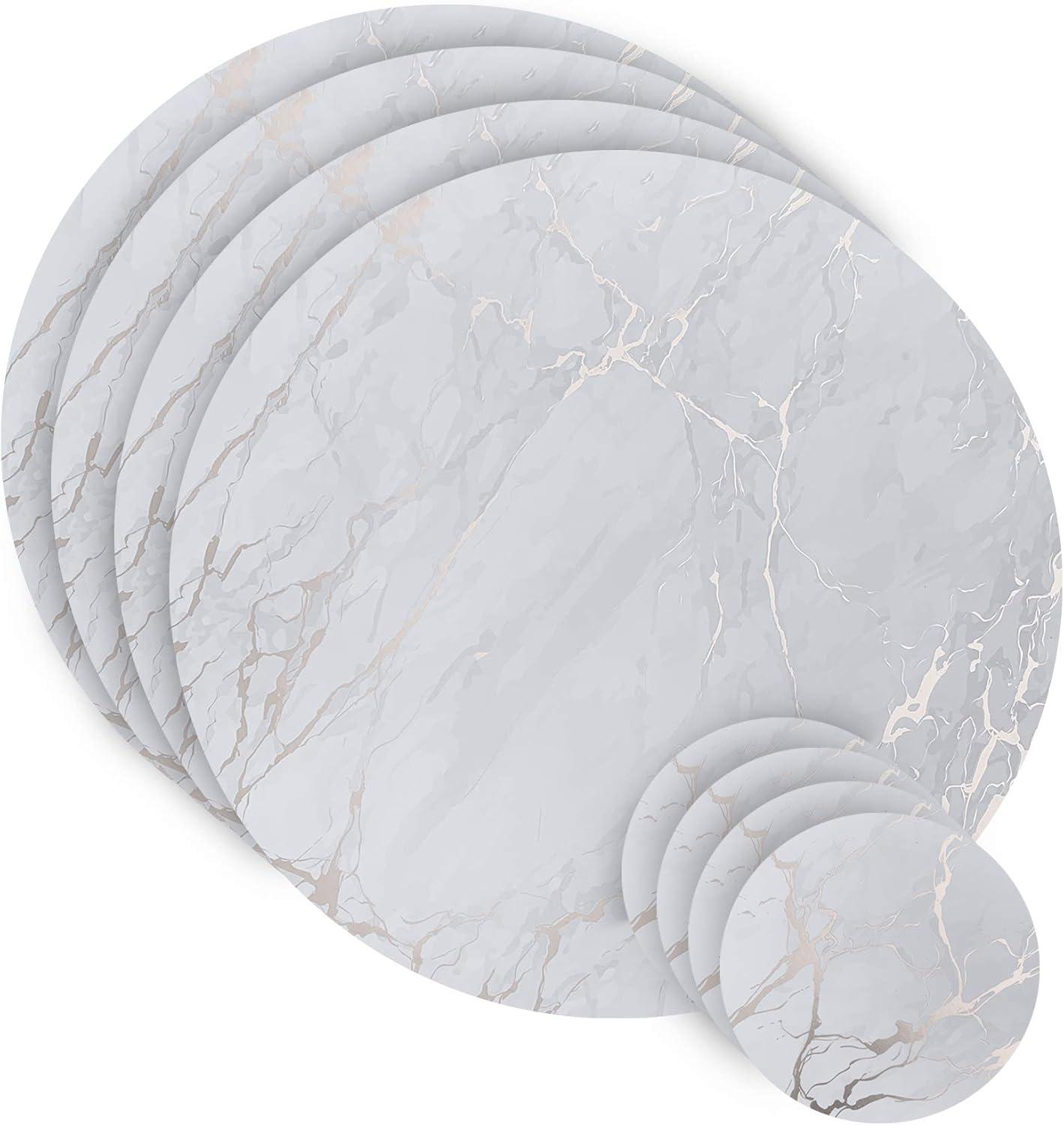 Silver Marble Cork 15" Round Placemats and Coasters Set