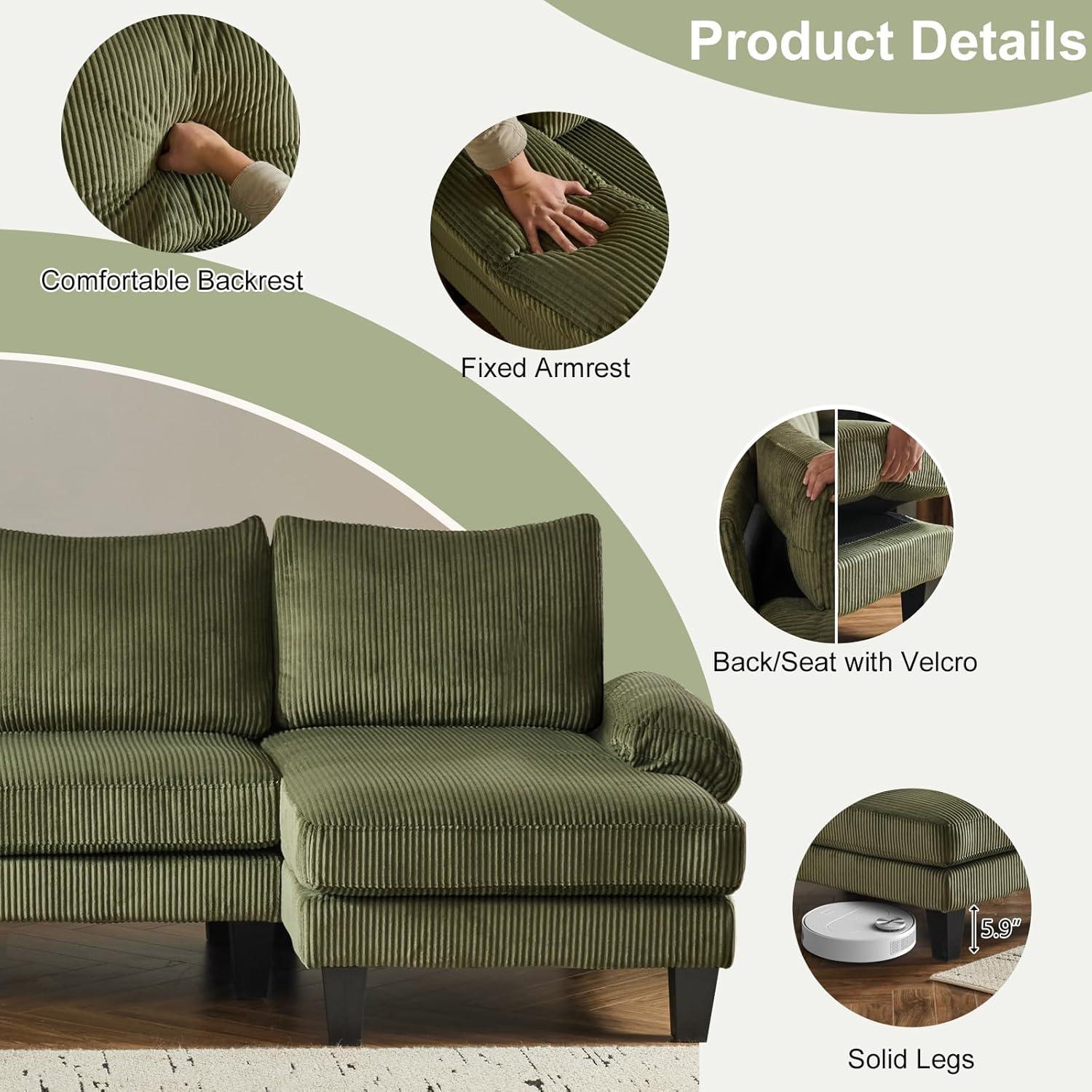 Ktaxon U-Shaped Sectional Sofa, 111"  Corduroy Couch, 4 Seat Lounge Sleeper with Double Chaise for Living Room Green