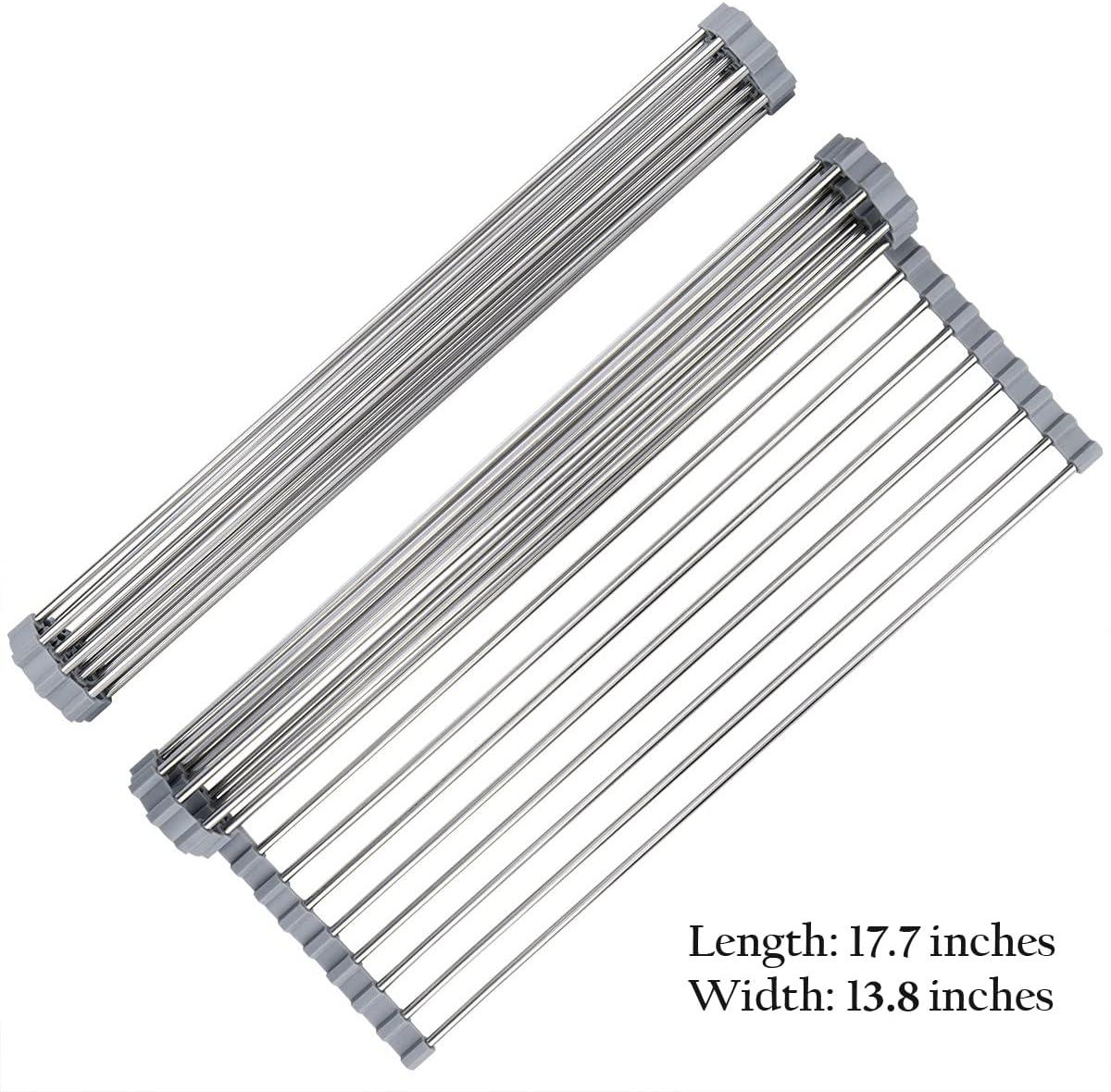 Roll-Up Sink Drying Rack 17.7"(L) x 13.8"(W) - Multipurpose Heat Resistant Over The Stainless Steel & Silicone Dish Rollable Kitchen Drainer, Gray