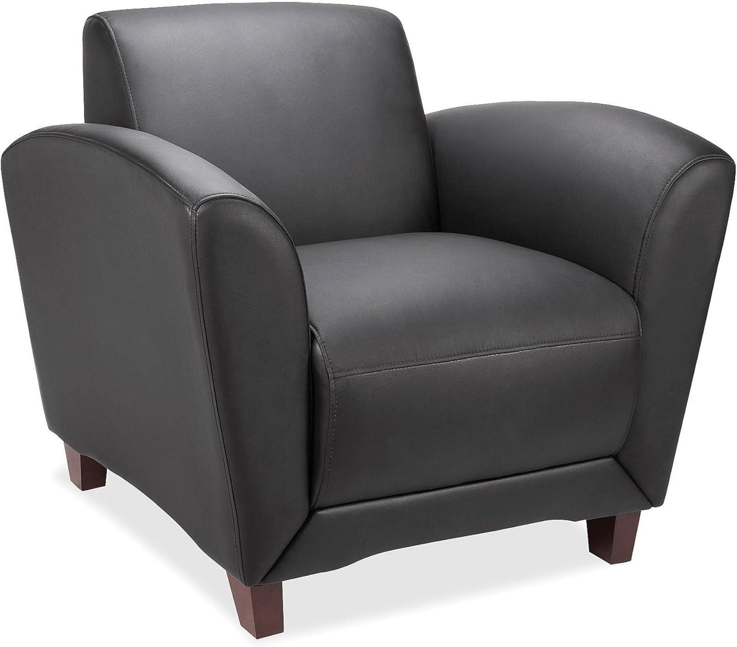 Modern Black Leather Club Chair with Mahogany Wooden Legs