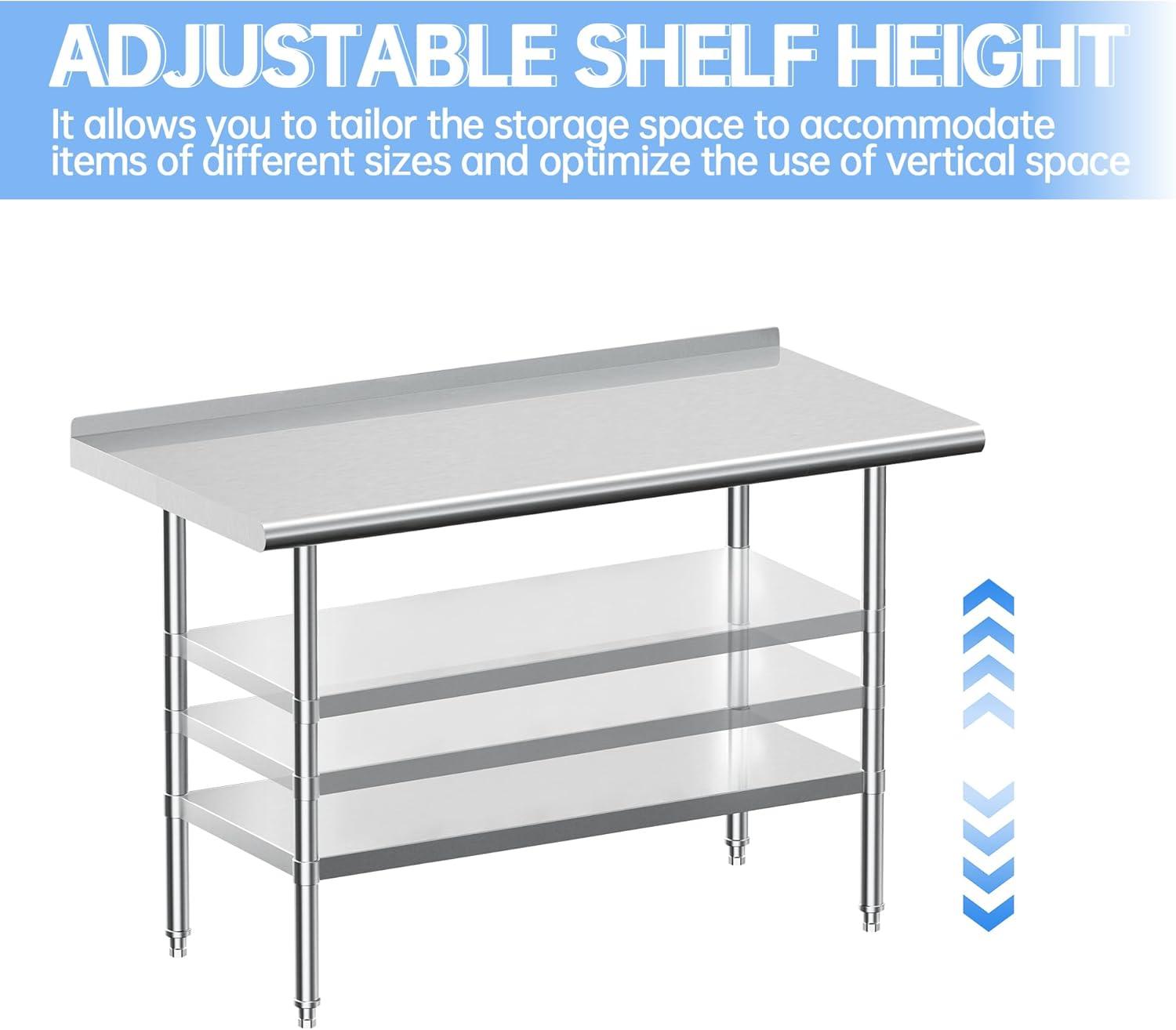 JINSEED Stainless Steel Work Table with Backsplash, 48 x 24 inch Commercial Food Prep Worktable, Heavy Duty Work Table for Kitchen, Restaurant, Hotelh