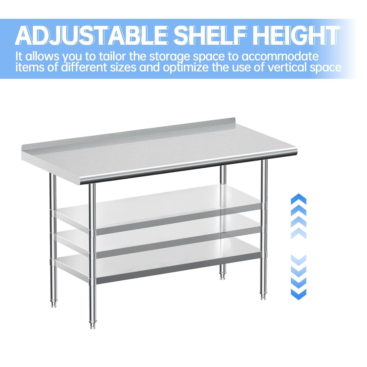 JINSEED Stainless Steel Work Table with Backsplash, 48 x 24 inch Commercial Food Prep Worktable, Heavy Duty Work Table for Kitchen, Restaurant, Hotelh