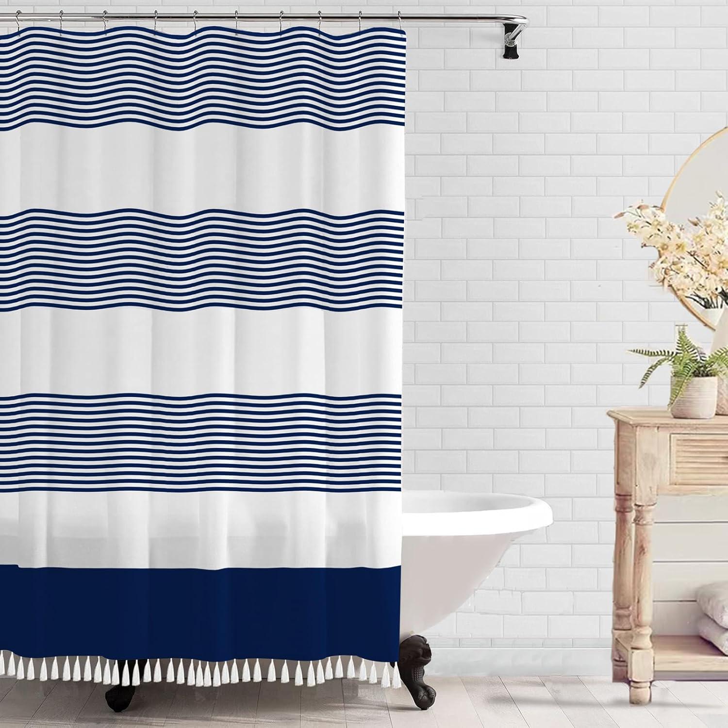 bufftieo Navy Blue and White Shower Curtain for Bathroom Boho Striped Fabric Modern Farmhouse Tassel Shower Curtain Sets - 72" x 72"