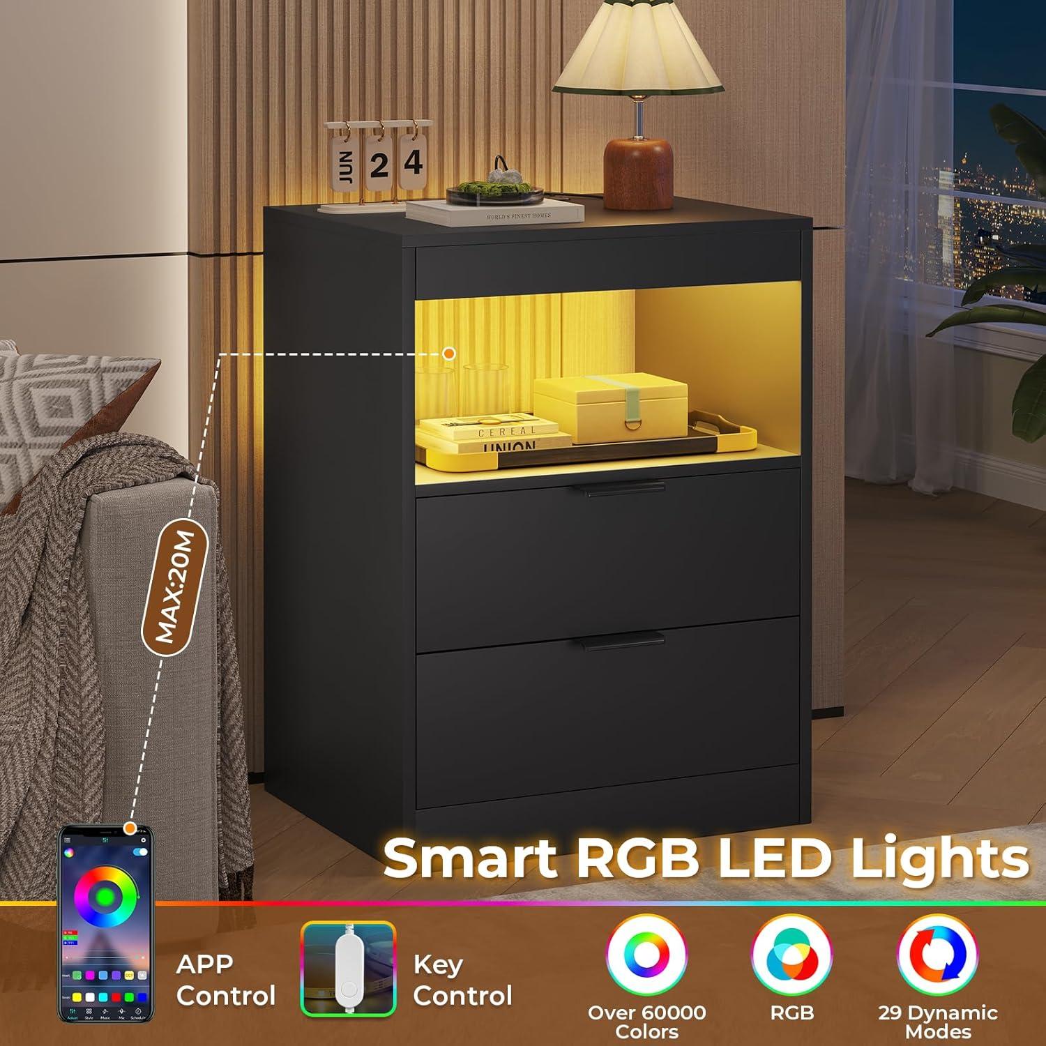 Exlonjet Black Nightstand with Wireless Charging Station and LED Lights, Bedside Table with 2 Drawers, Open Storage, 1 Pull-Out Tray, End Side Table with Charging Station, LED Night Stand with Storage